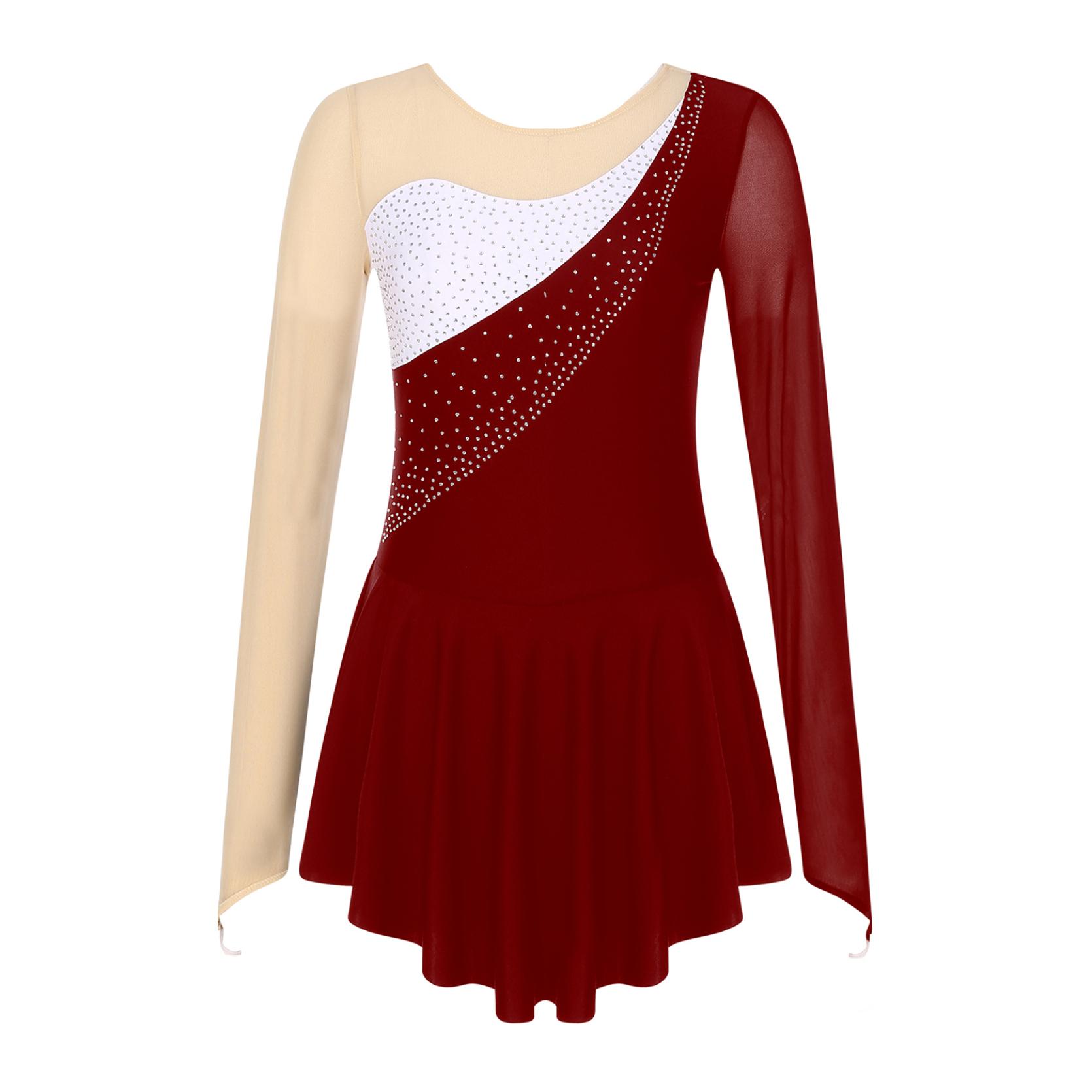 IEFiEL Vrouwen Kunstschaatsen Dans Jurk Strass Mesh Lange Mouw Ritmische Gymnastiek Maillots Ballroom Competitie Dancewear Kostuum L bordeaux