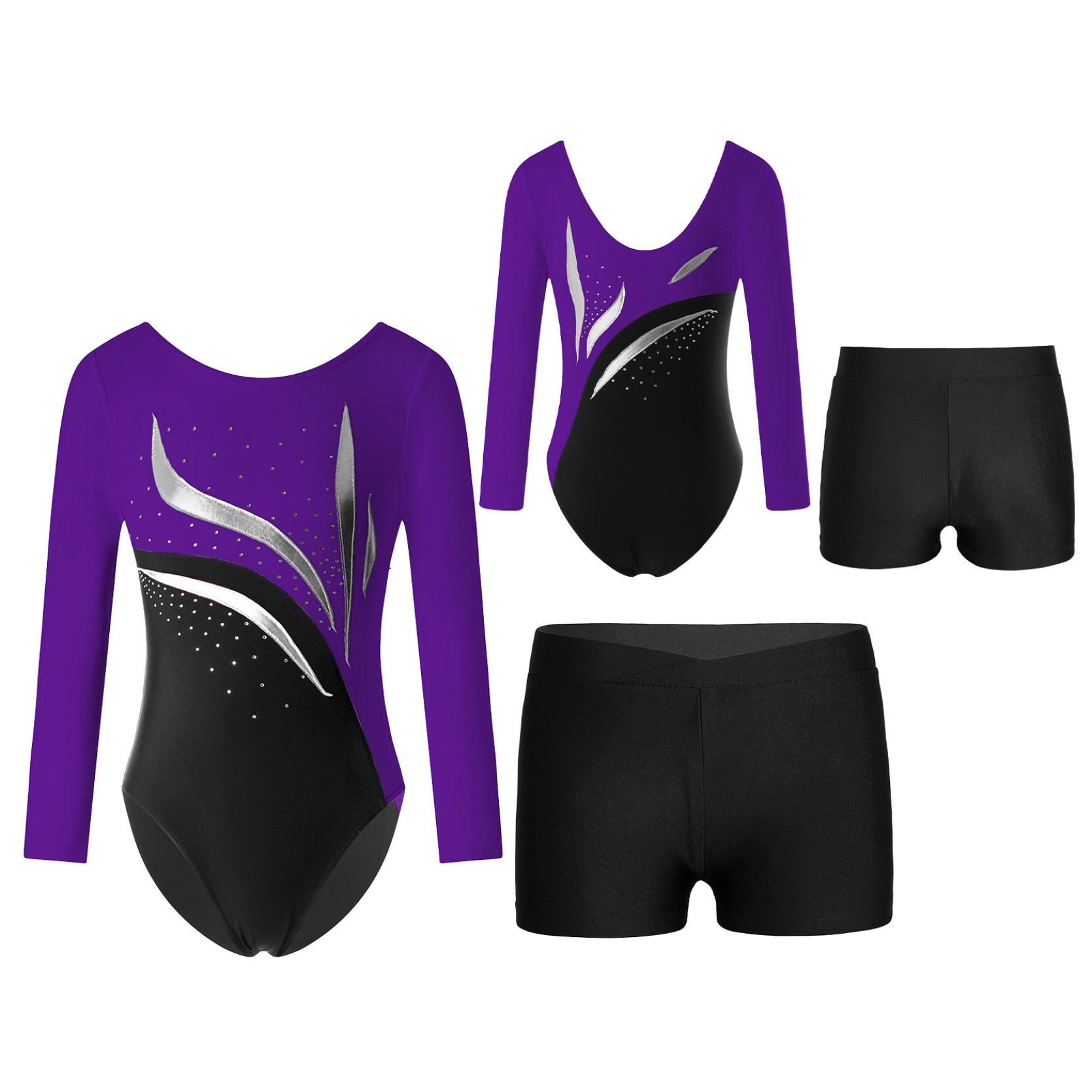 IEFiEL 2 stuks kinderen meisjes lange mouw strass decor gymnastiek maillots ballet dans bodysuit met shorts 9-10 Years zwart/paars