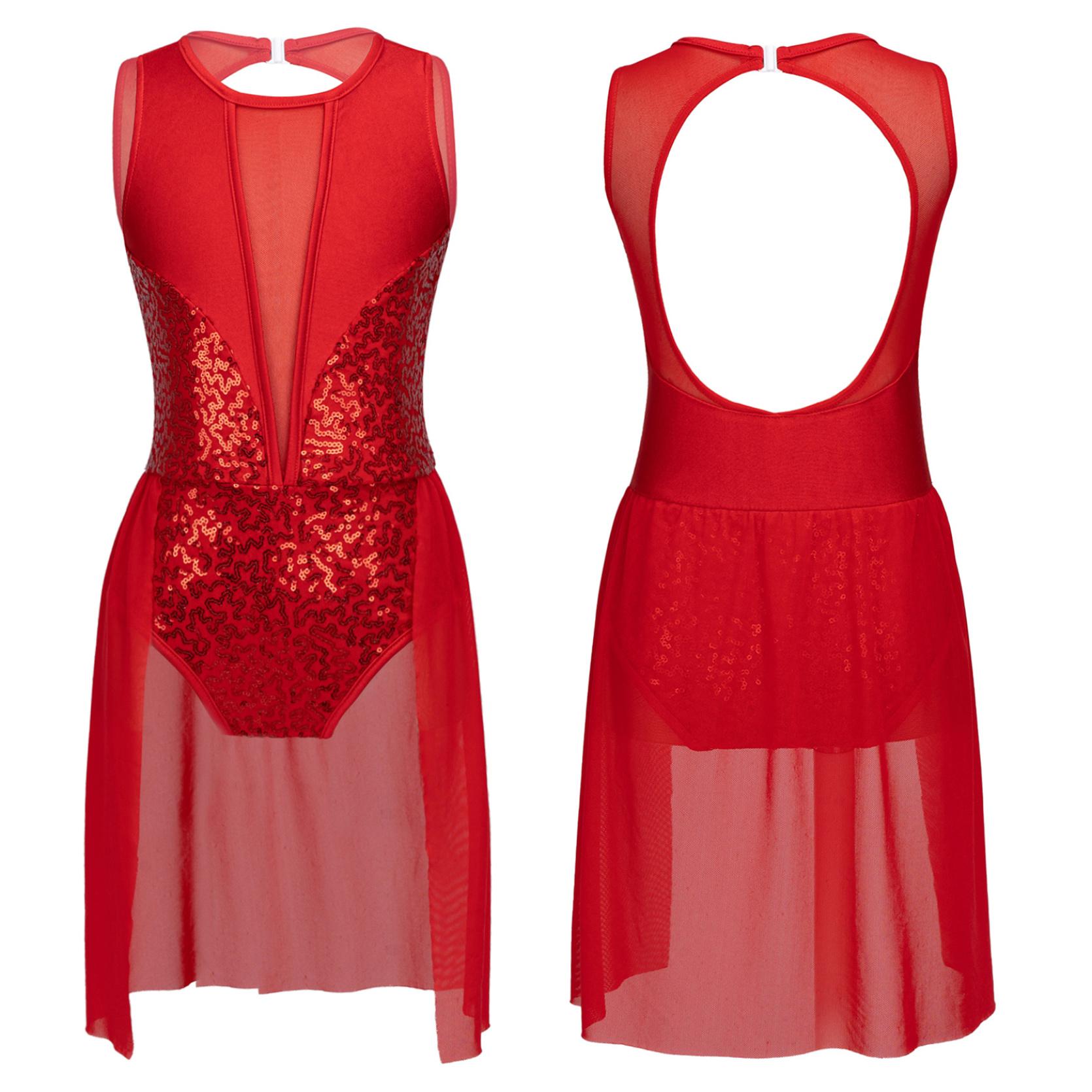 IEFiEL Kinderen Meisjes Ballet Tutu Turnpakje Jurk Glanzende Pailletten Flowy Mesh Begrenste Gymnastiek Turnpakje Hedendaagse Lyrische Danskostuums 11-12 Years rood