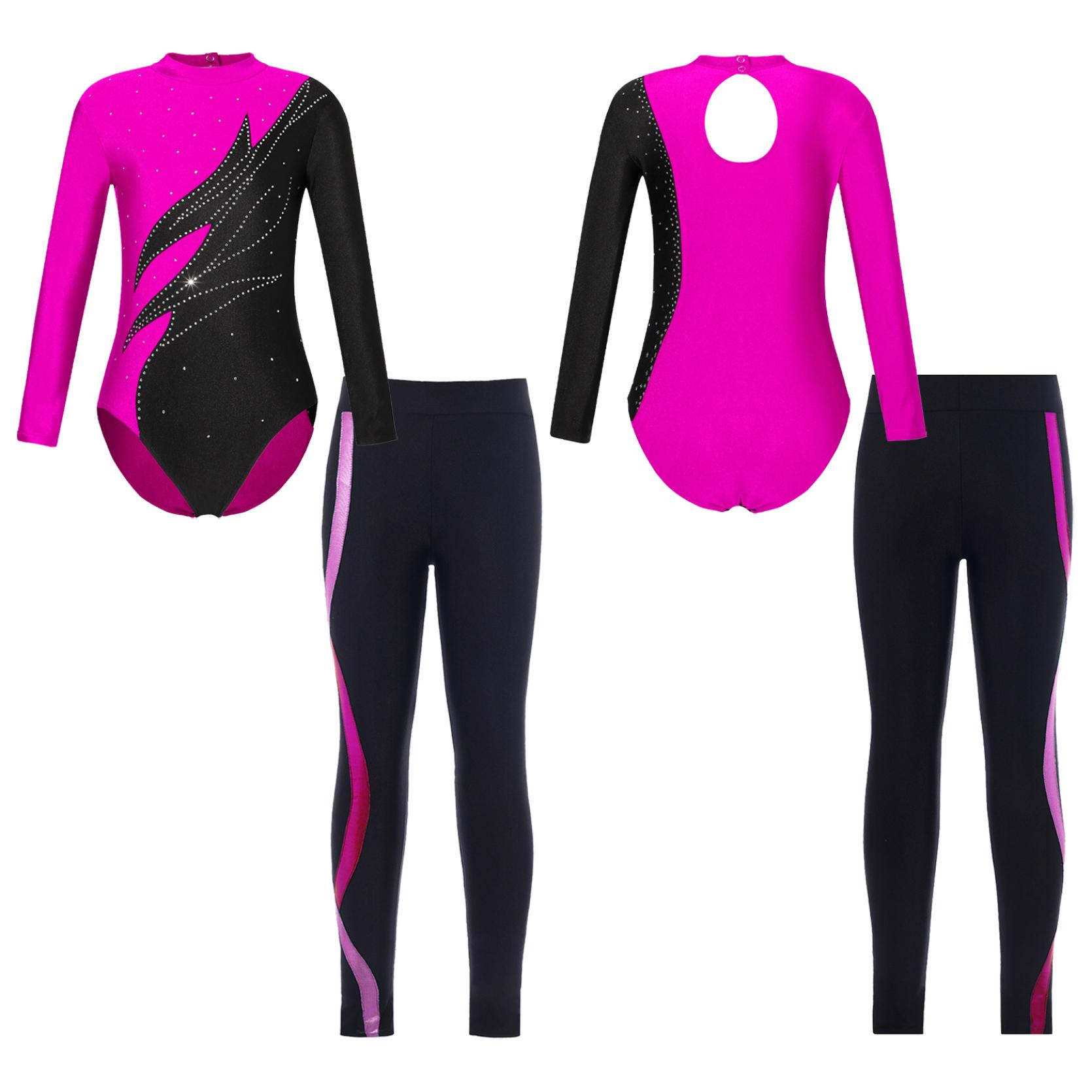 IEFiEL Kinderen meisjes lange mouw mock hals glanzende strass decor sleutelgat terug turnpakje met broek voor gymnastiekdanswedstrijd 11-12 Years roze