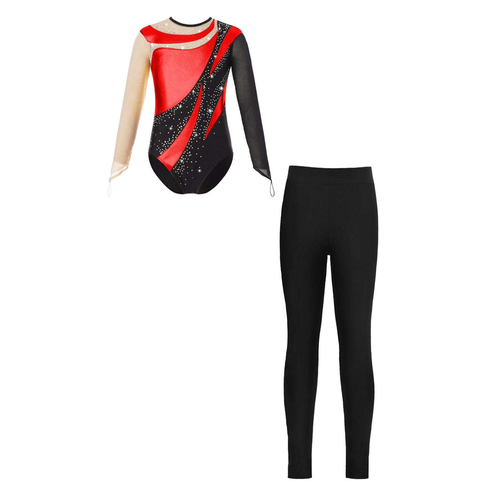 IEFiEL Kindermeisjes turnpakje met lange mouwen, ronde hals, strasssteentjes en legging voor schaatsgymnastiekprestaties 9-10 Years rood
