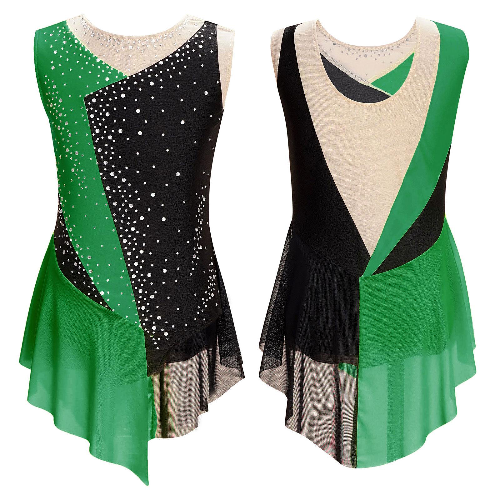 Sywiyi Kinderen meisjes glanzende strass pure mesh mouwloze bodysuit ballet kunstschaatsen gymnastiek turnpakje jurk 7-8 Years