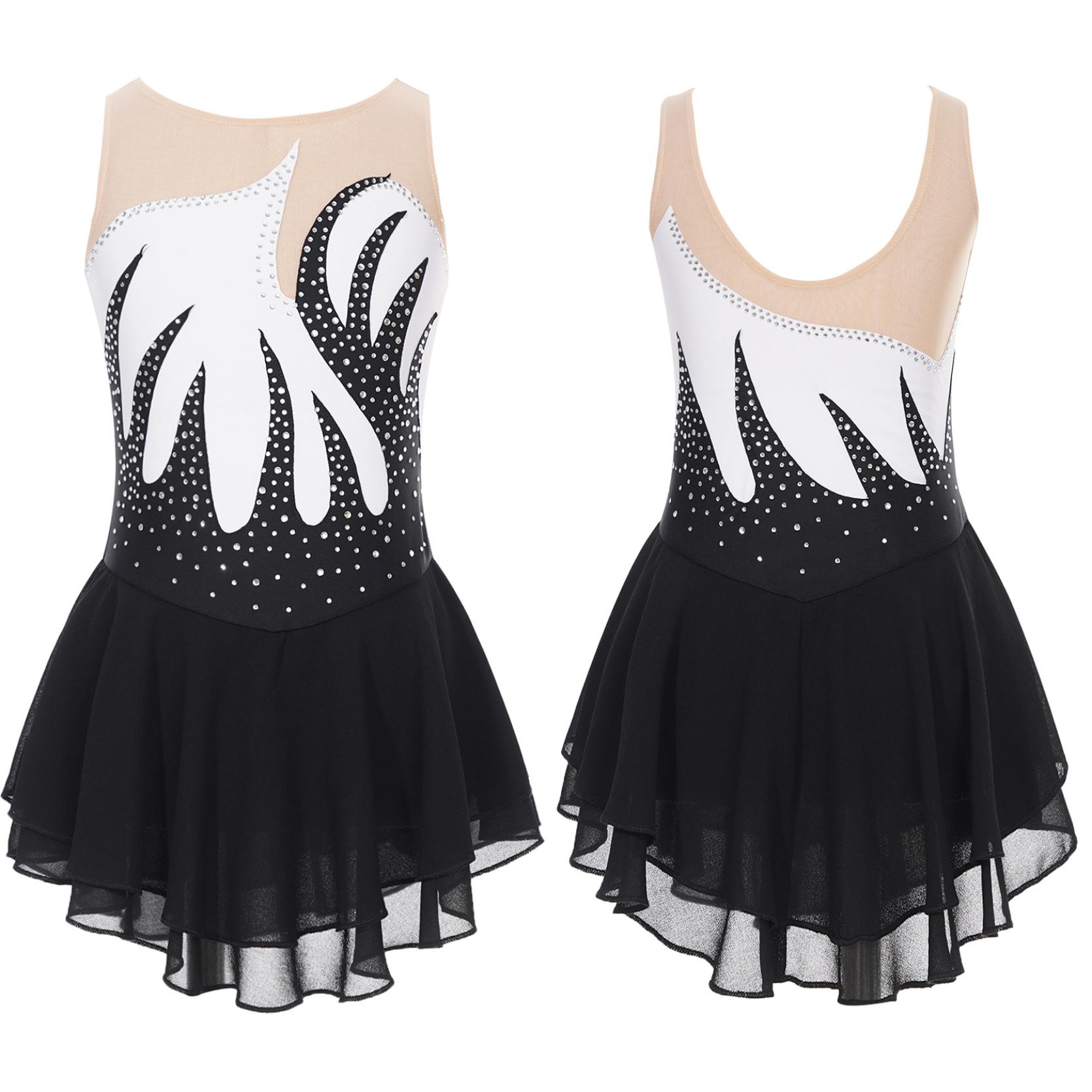 IEFiEL Meisjes Kunstschaatsen Prestatiekostuum Lyrische Dans Ballet Ritmische Gymnastiek Turnpakje Jurk Glanzende Strass Mesh Danskleding 9-10 Years