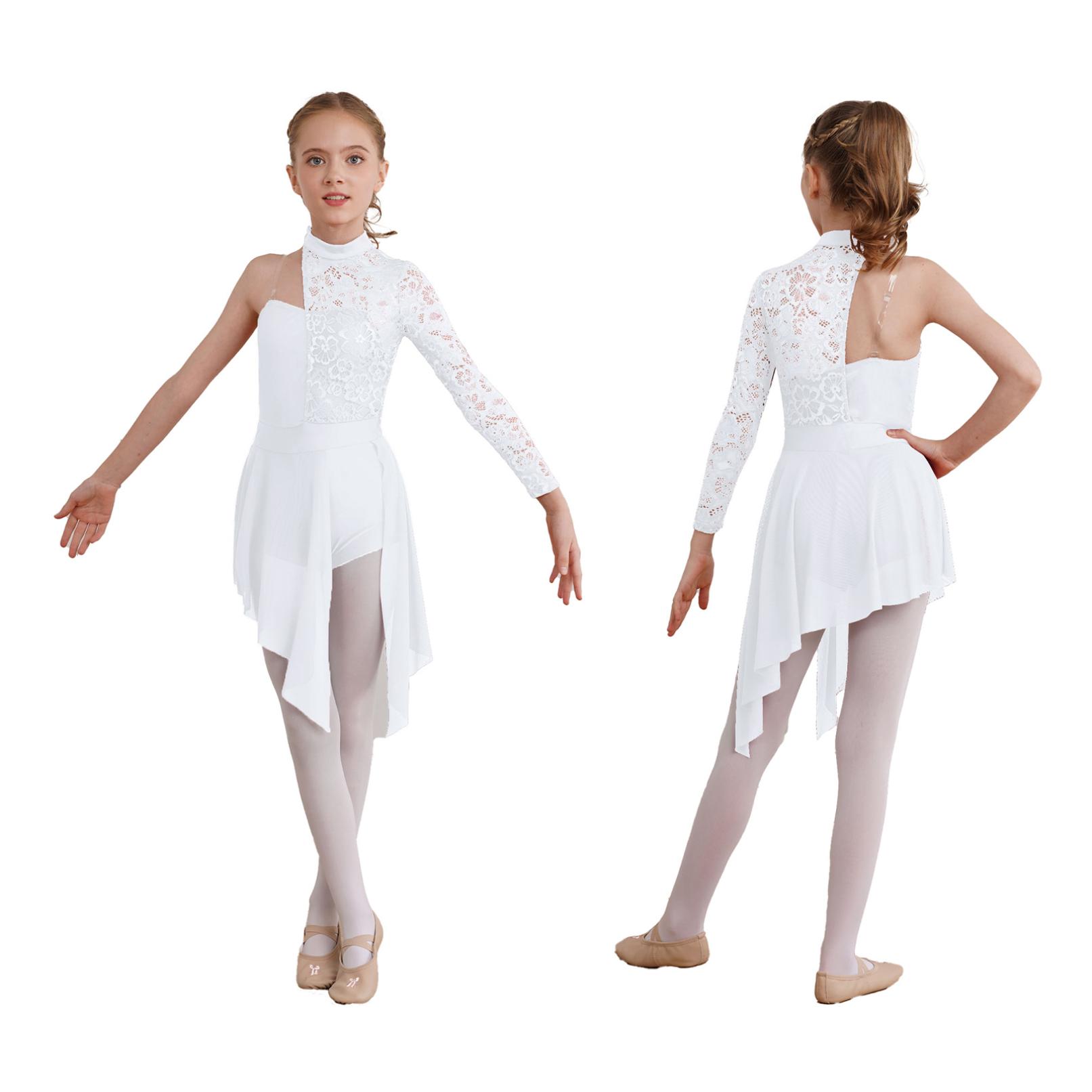 Tiaobug Gymnastiek maillots voor meisjes asymmetrisch ballet lyrische dansjurk met lange mouwen kunstschaatsen toneelkostuum 13-14 Years wit