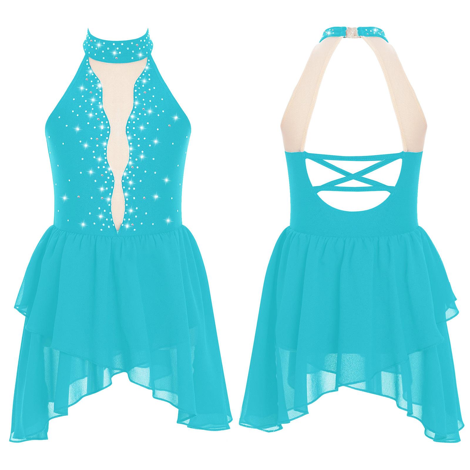 Daenrui Kinderen Meisjes Ballet Lyrische Dans Jurk Strass Kunstschaatsen Kostuum Mouwloos Sheer Mesh Gymnastiek Turnpakje Danskleding 15-16 Years zout water