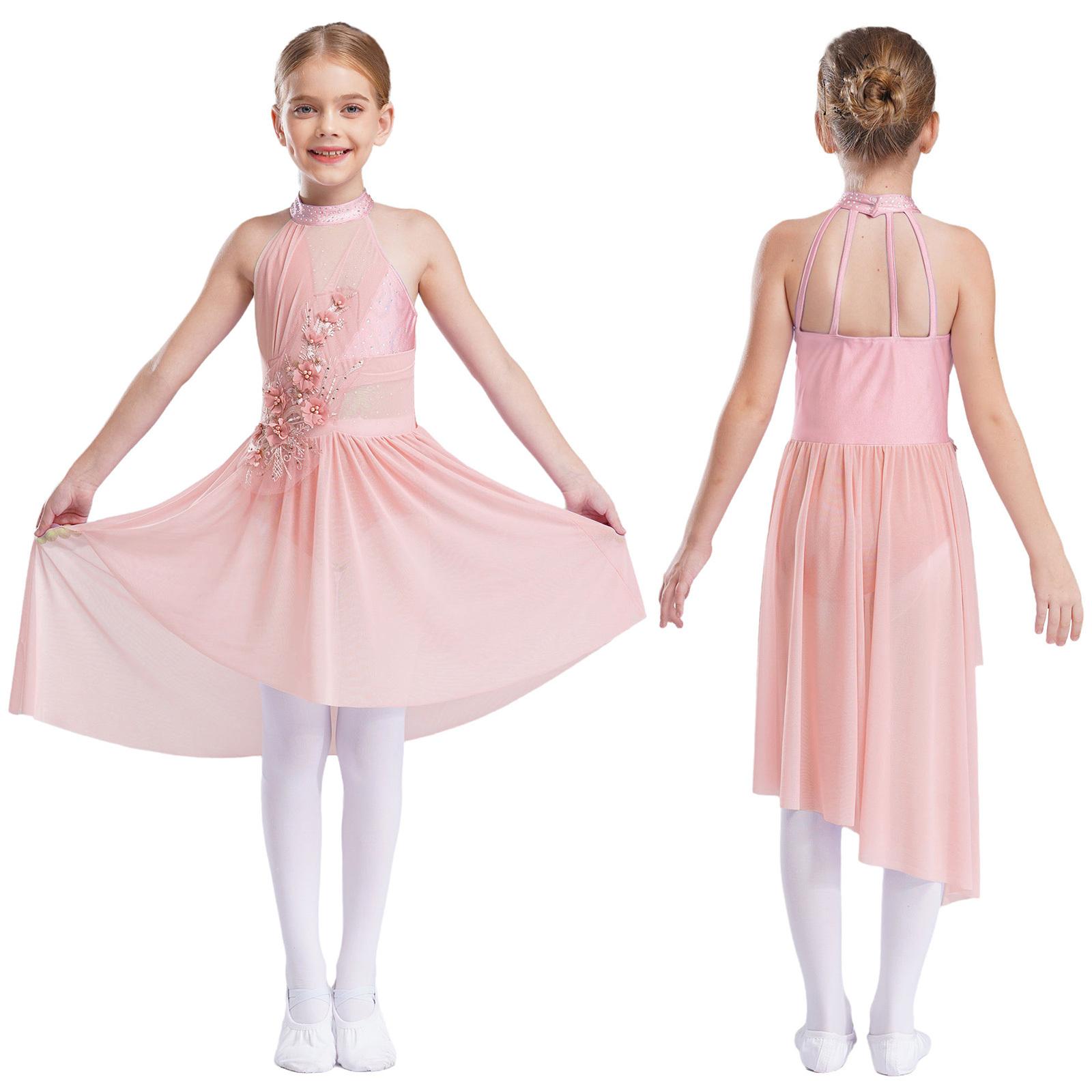 IEFiEL Meisjes Applique Ballet Kunstschaatsjurk Strass Gymnastiek Leotard Jurk Mouwloos Mesh Splice Wedstrijd Danskostuum 7-8 Years roze