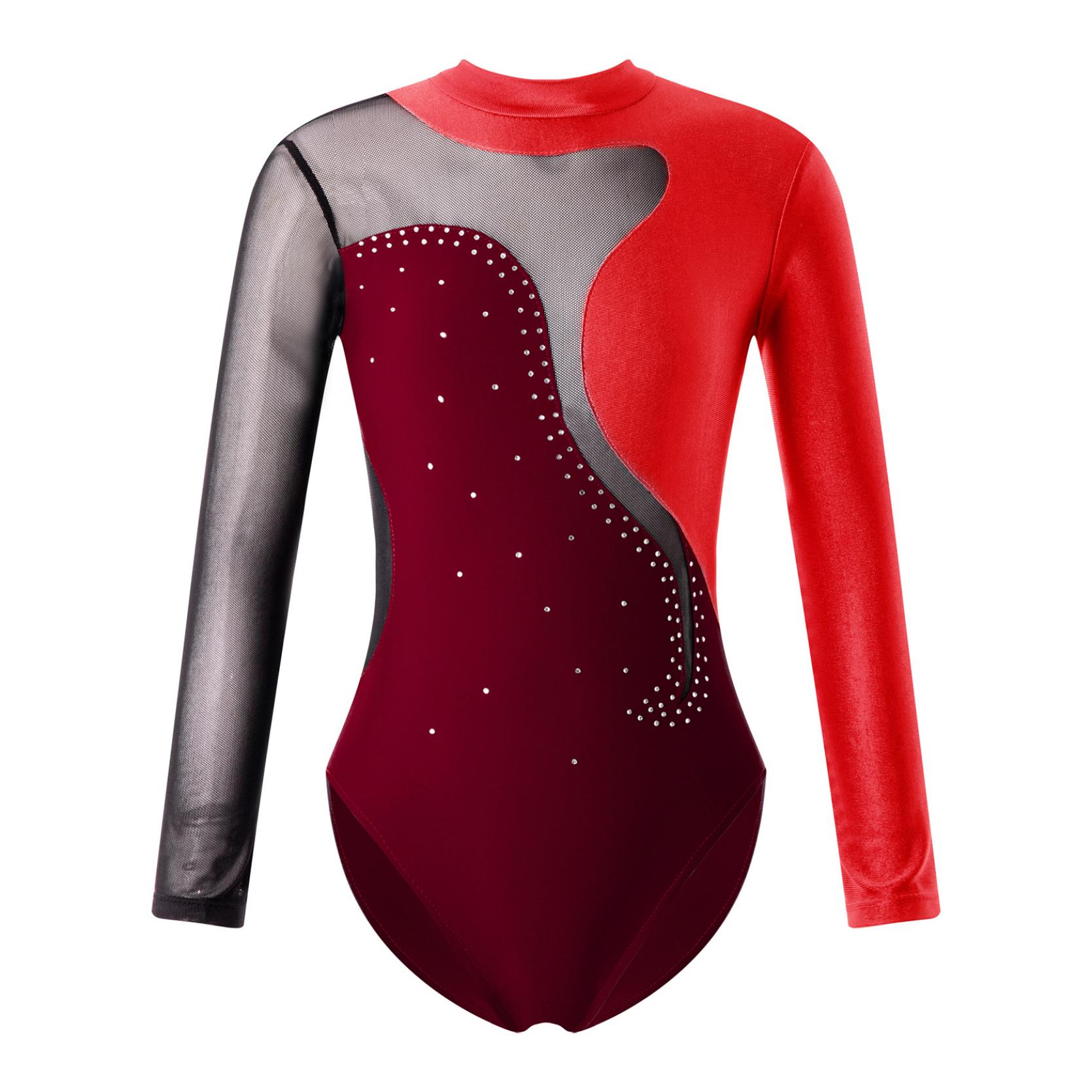 IEFiEL Kinderen Meisjes Ronde Kraag Lange Mouw Glanzend Strass Decor Holle Rug Ballet Dans Turnpakje Schaatsen Jumpsuit 3-4 Years bordeaux