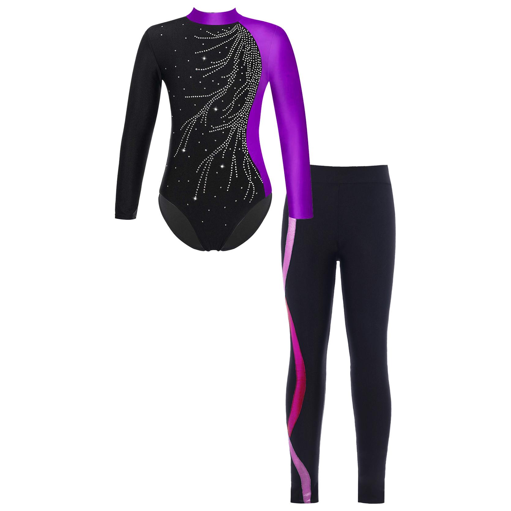 IEFiEL Kinderen meisjes gymnastiek danspakje met legging set ballet schaatswedstrijd actieve bodysuit 11-12 Years helder roze/paars