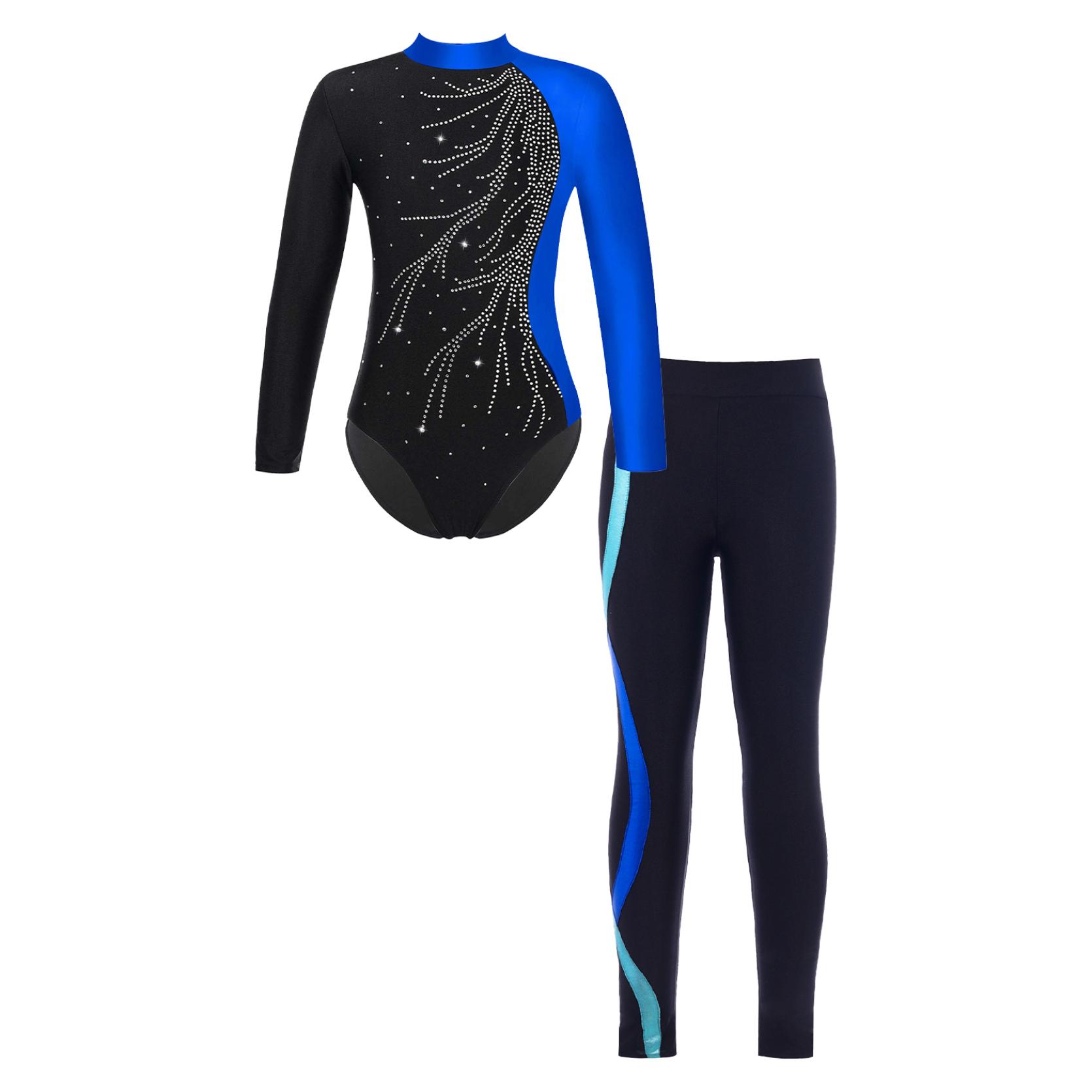 IEFiEL Kinderen meisjes gymnastiek danspakje met legging set ballet schaatswedstrijd actieve bodysuit 9-10 Years blauw
