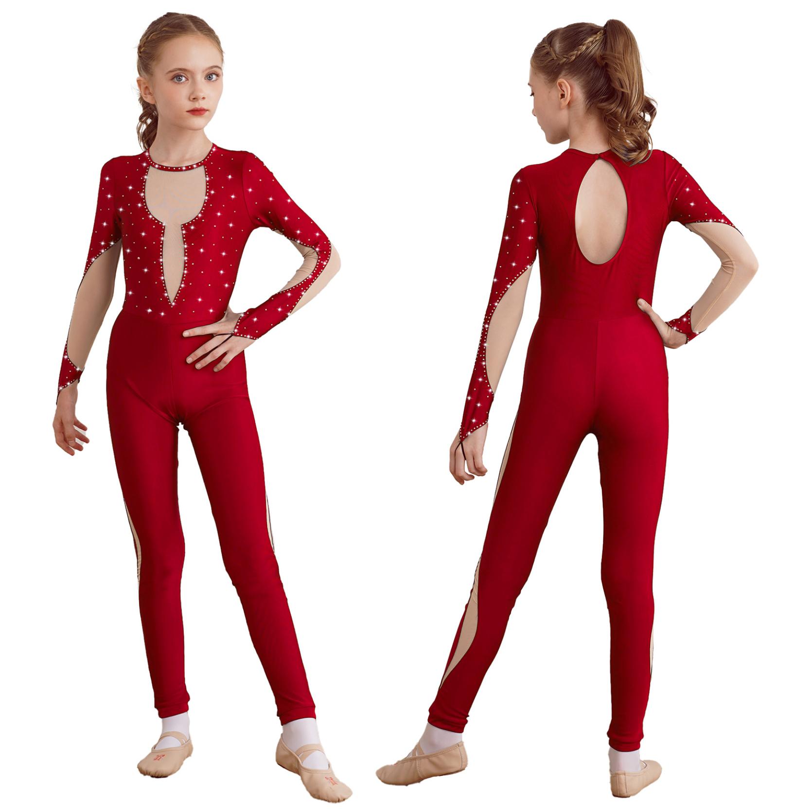 IEFiEL Kinderen meisjes glanzende gymnastiek unitard bodysuit lange mouw terug sleutelgat mesh patchwork schaatsen jumpsuit 13-14 Years rood