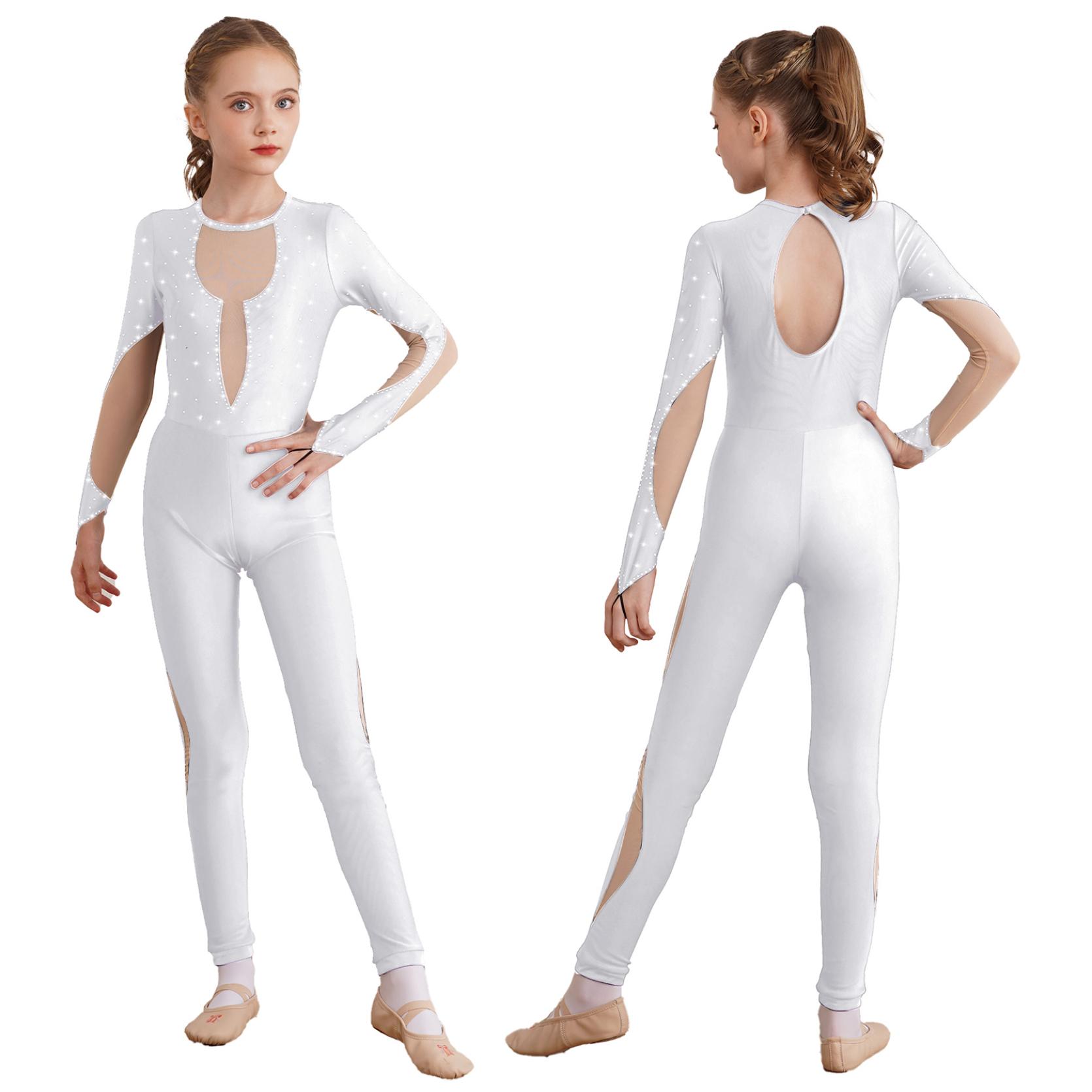 IEFiEL Kinderen meisjes glanzende gymnastiek unitard bodysuit lange mouw terug sleutelgat mesh patchwork schaatsen jumpsuit 13-14 Years wit