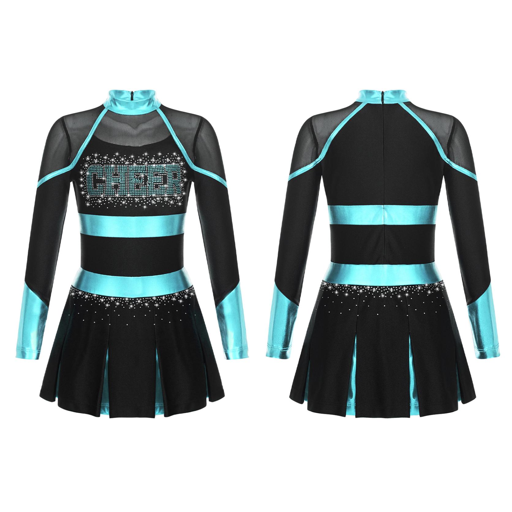 Yunduantong-electronic Meisjes Cheerleading Uniform Dansjurk met lange mouwen Carnaval Dancewear Cheerleading Dansjurk voor kinderen 11-12 Years zwart/blauw