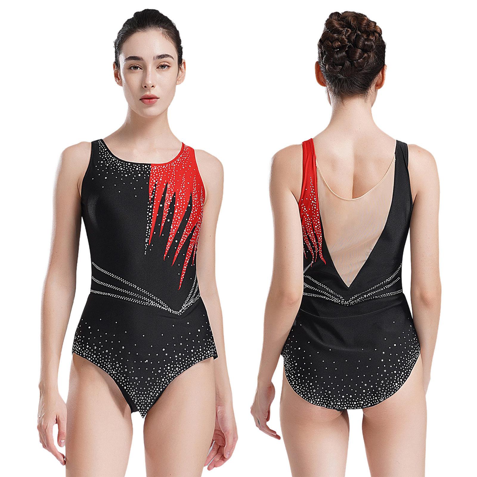 Yunduantong-electronic Vrouwen Glanzende Strass Ballet Dans Leotard Ritmische Gymnastiek Atletische Actieve Kleding Competitie Kostuum Transparant Mesh Bodysuit XXL