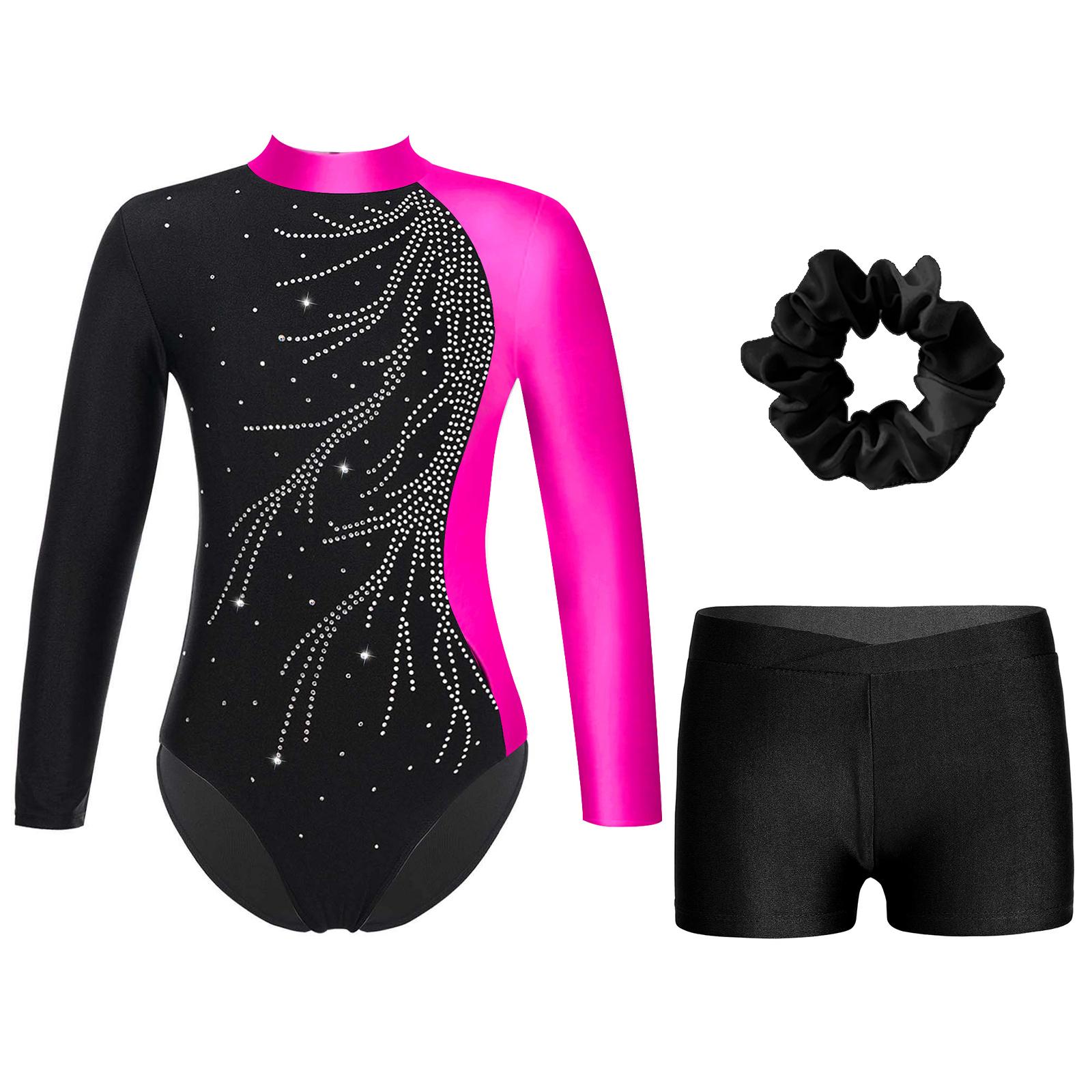 IEFiEL Kinderen meisjes Gymnastiekdansoutfit Mock Neck Lange mouw Glanzend Strass Versierd Keyhole Back Turnpakje met V-voorkant Tailleband Shorts Haarband 11-12 Years zwart/helder roze