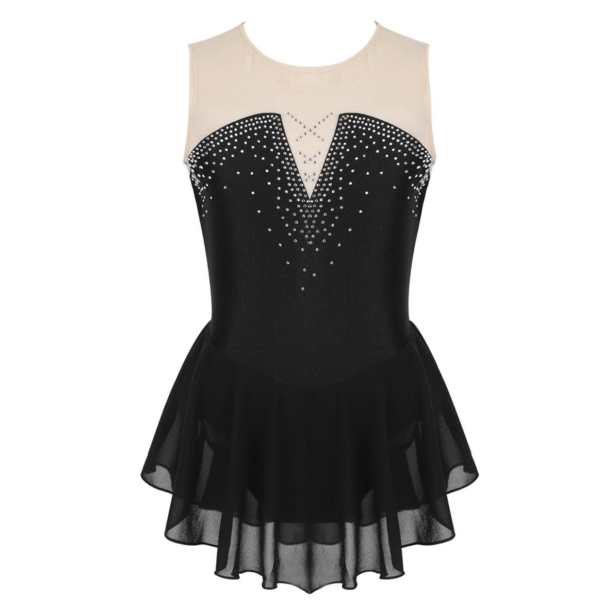 IEFiEL Mouwloos gymnastiekpakje voor meisjes met rok, kunstschaatsjurk, rolschaatswedstrijd, prestatiekostuum 7-8 Years zwart