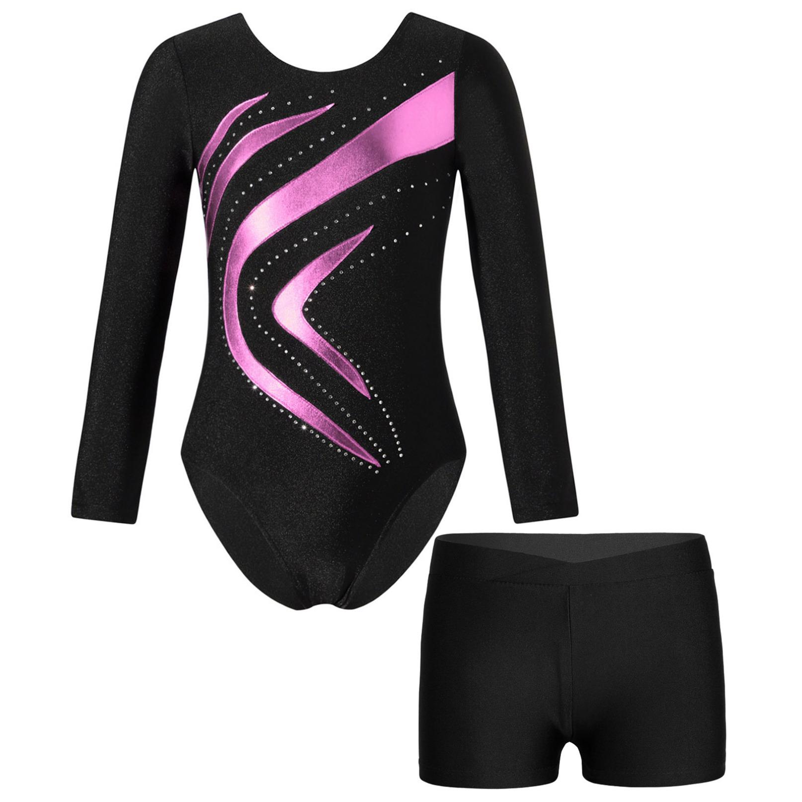 Inlzdz Kinderen Meisjes Lange Mouw Gymnastiek Dans Ballet Turnpakje met Shorts Atletische Workout Yoga Sportkleding Danskleding 5-6 Years