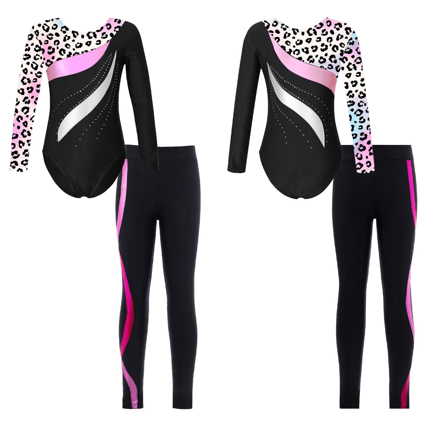 IEFiEL Kinderen Meisjes 2 Stuks Gymnastiek Dansoutfits Maillots met lange mouwen en broek Atletische Biketards Unitards 9-10 Years luipaard/warm roze kleur