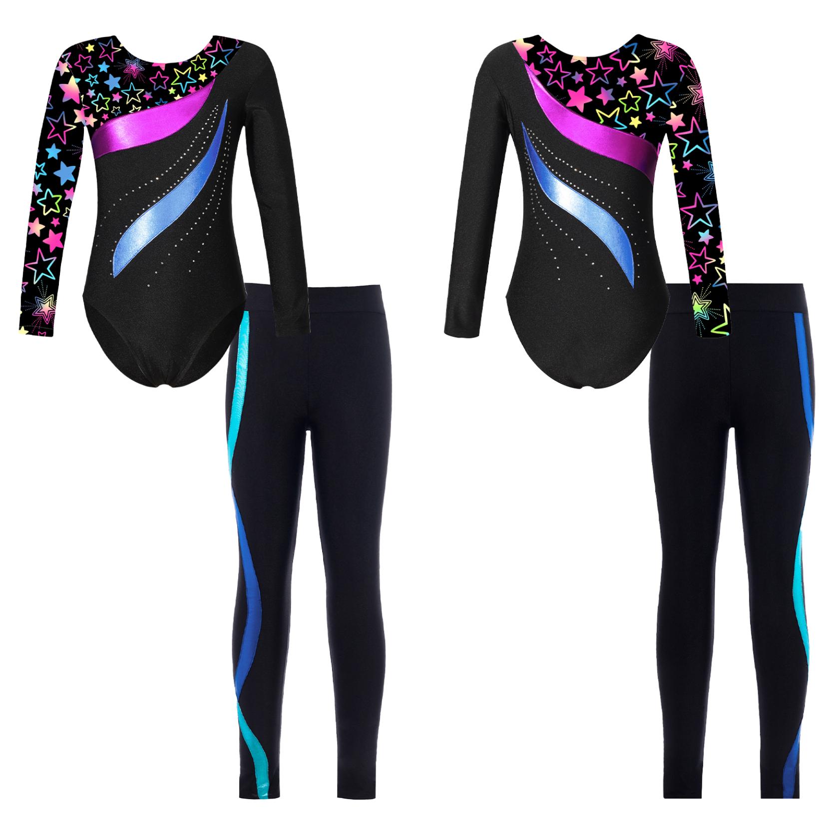 IEFiEL Kinderen Meisjes 2 Stuks Gymnastiek Dansoutfits Maillots met lange mouwen en broek Atletische Biketards Unitards 7-8 Years blauw/zwart