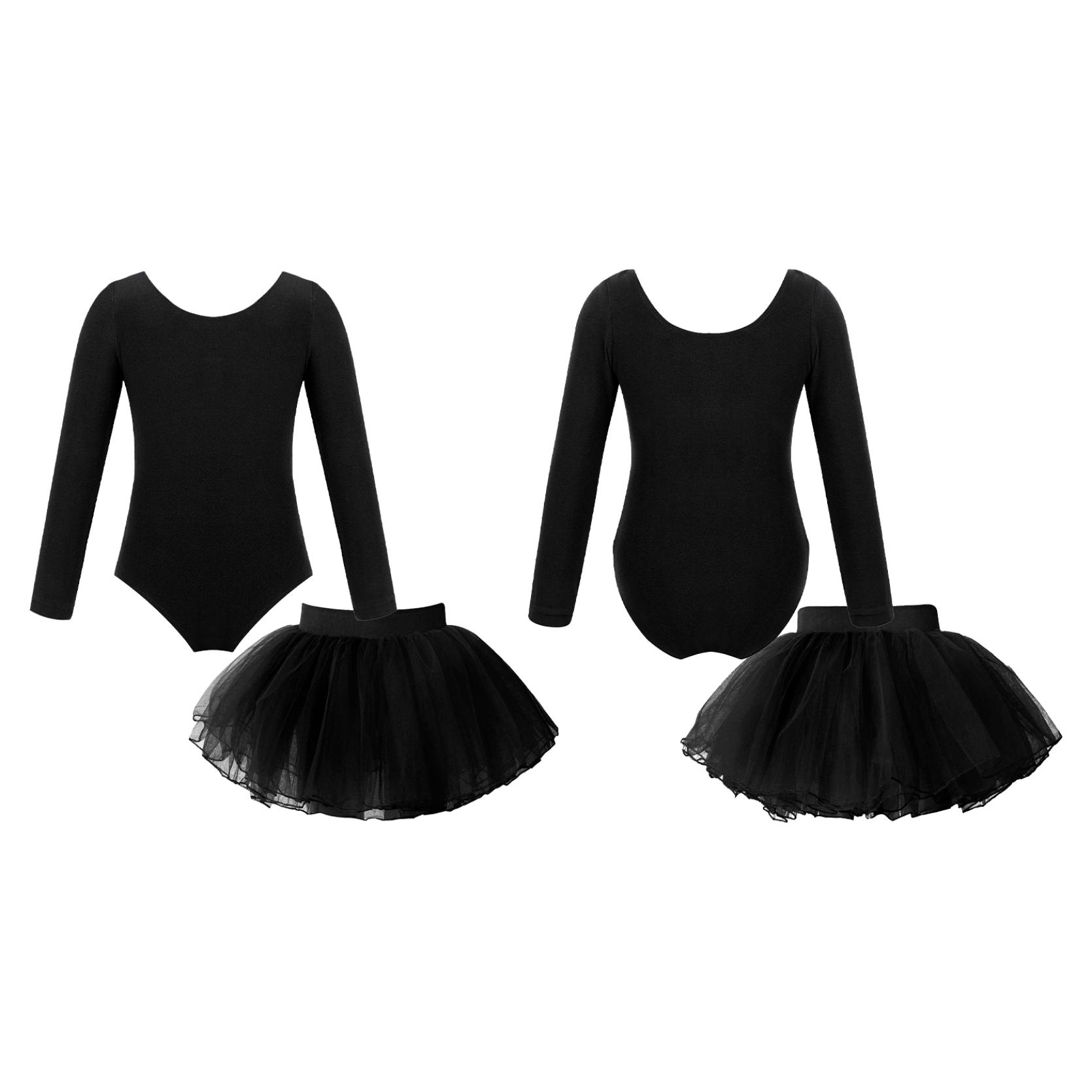 IEFiEL Kindermeisjes turnpakje met lange mouwen en ronde hals met elastische tailleband Tutu gelaagde rok voor balletdansvoorstellingen 5-6 Years zwart