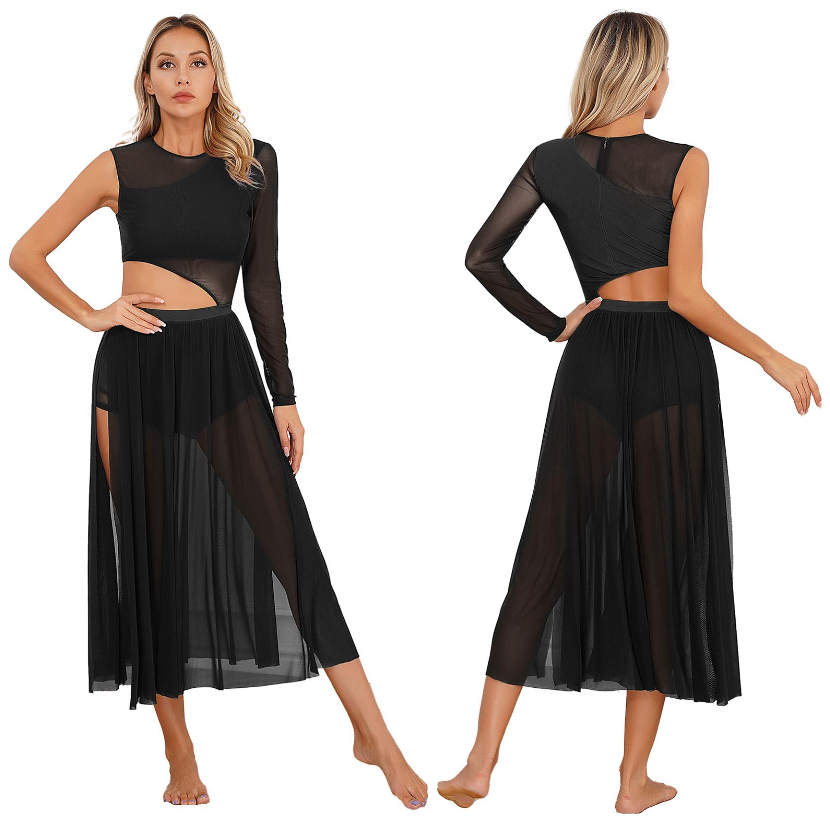 IEFiEL Dames Lyrische Danskostuums Mouwloos Mesh Tule Flowy Maxi Lange Jurk Moderne Hedendaagse Danskleding S zwart