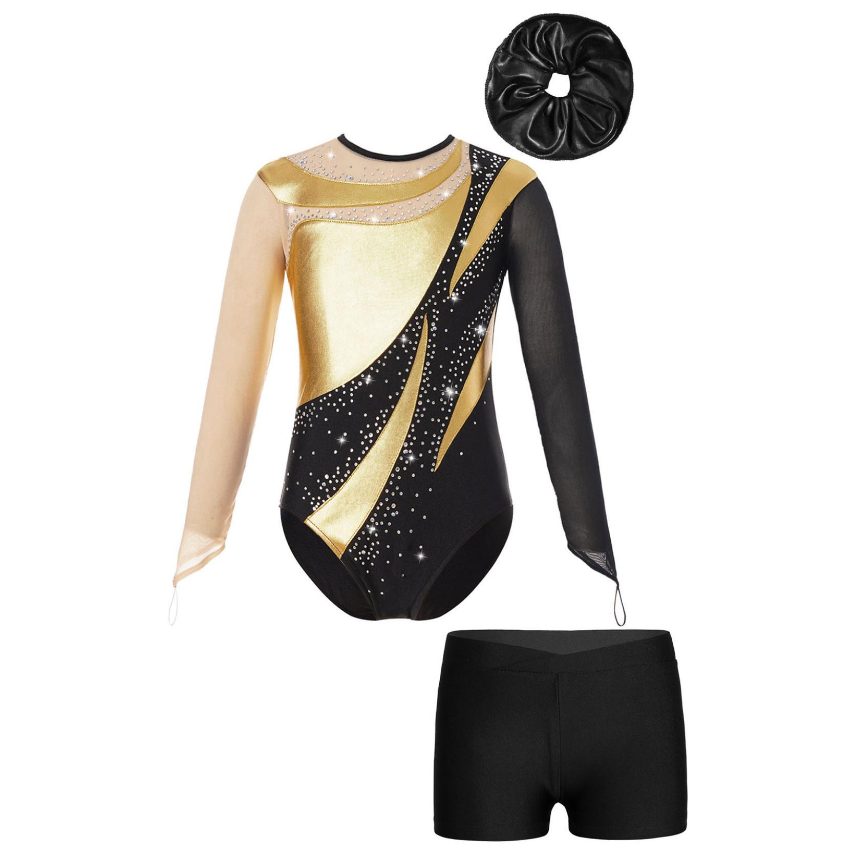 IEFiEL Gymnastiekprestatie-outfit voor kinderen, meisjes, mesh, sleutelgatrug, glanzend turnpakje met V-voorkant, tailleband, shorts en haarband 9-10 Years