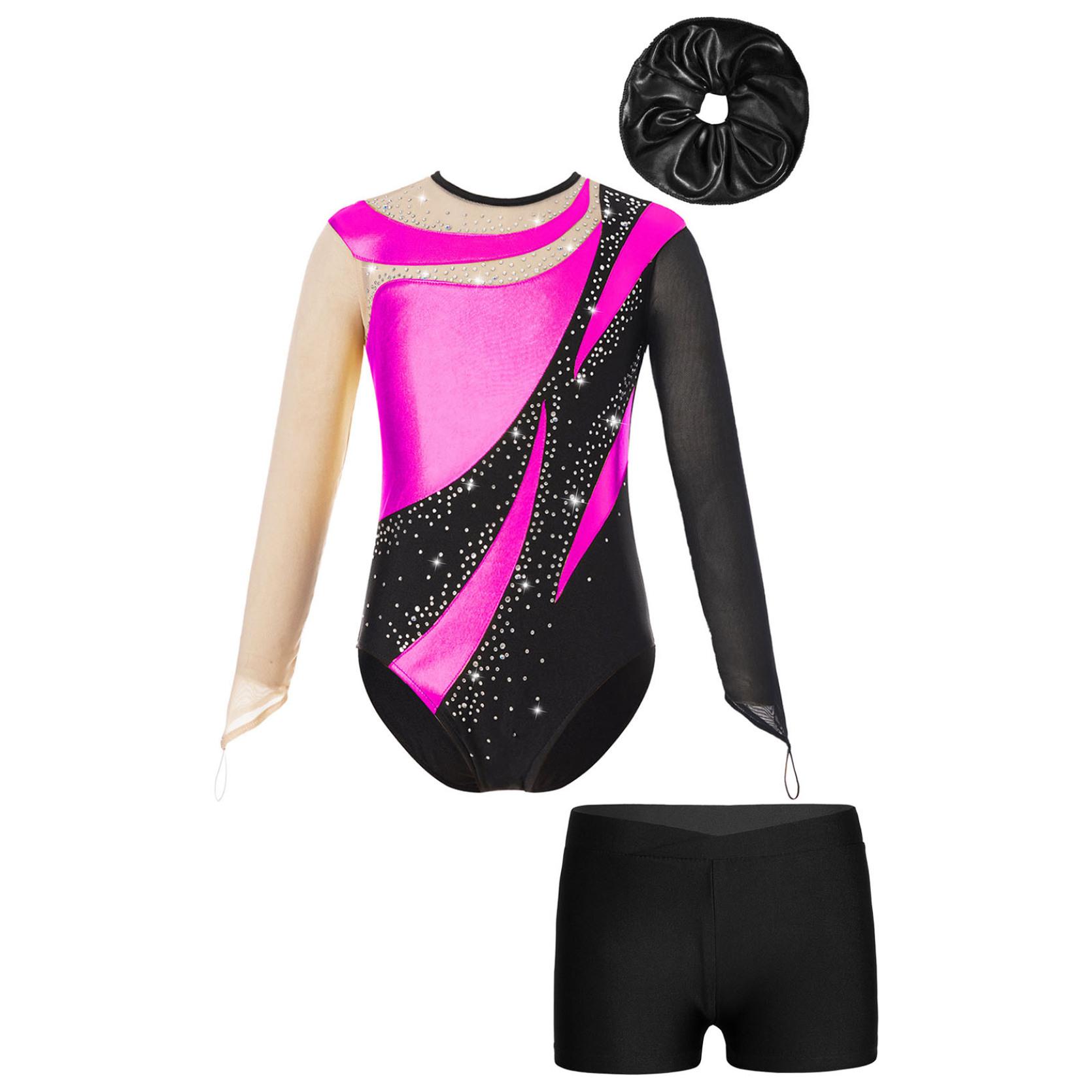 IEFiEL Gymnastiekprestatie-outfit voor kinderen, meisjes, mesh, sleutelgatrug, glanzend turnpakje met V-voorkant, tailleband, shorts en haarband 5-6 Years