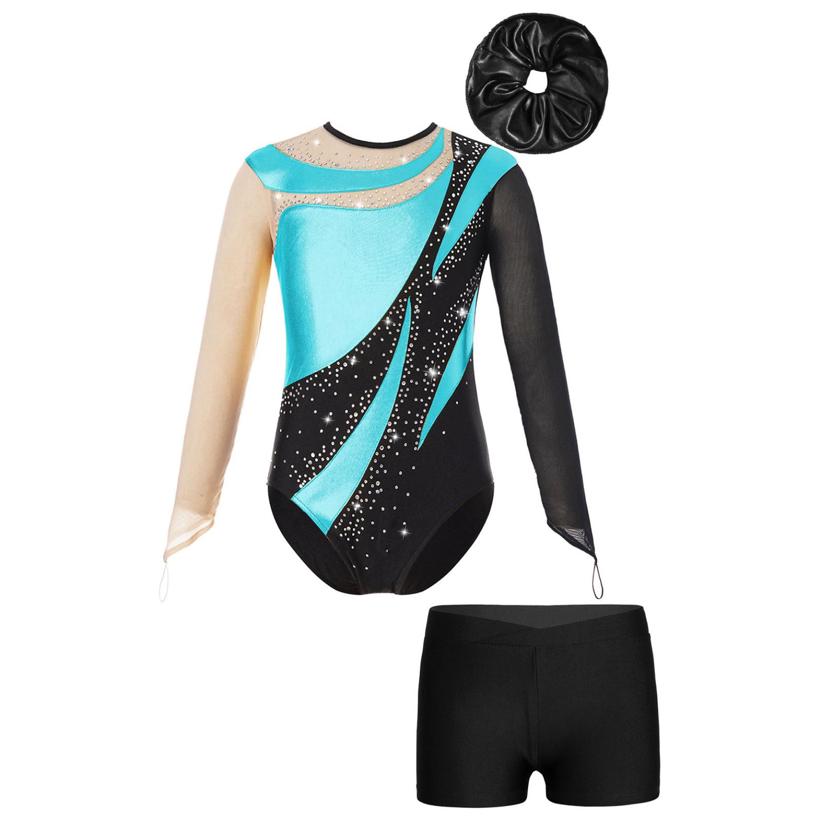 IEFiEL Gymnastiekprestatie-outfit voor kinderen, meisjes, mesh, sleutelgatrug, glanzend turnpakje met V-voorkant, tailleband, shorts en haarband 15-16 Years