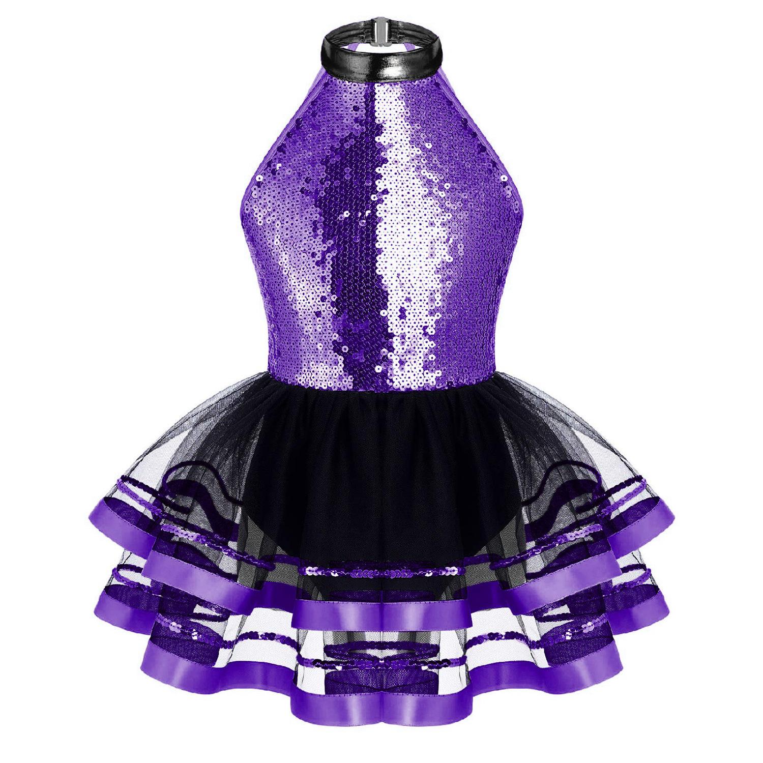 IEFiEL Kinderen Meisjes Sprankelende Pailletten Ronde Hals Ballet Dans Tutu Jurk Gymnastiek Moderne Dansvoorstelling Kostuum 7-8 Years paars