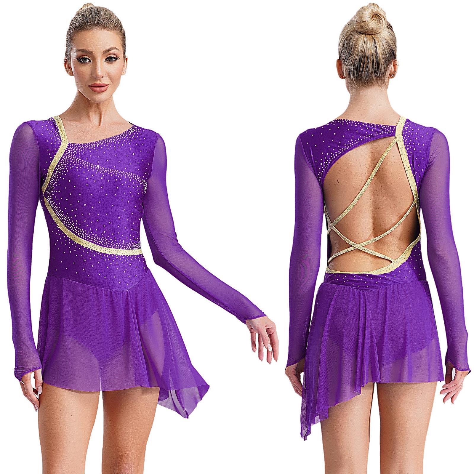 HULIJA Lyrische danskostuum met strass, asymmetrische tule rok, leotard, kunstschaatsjurk, dames, jazzdanskleding S paars