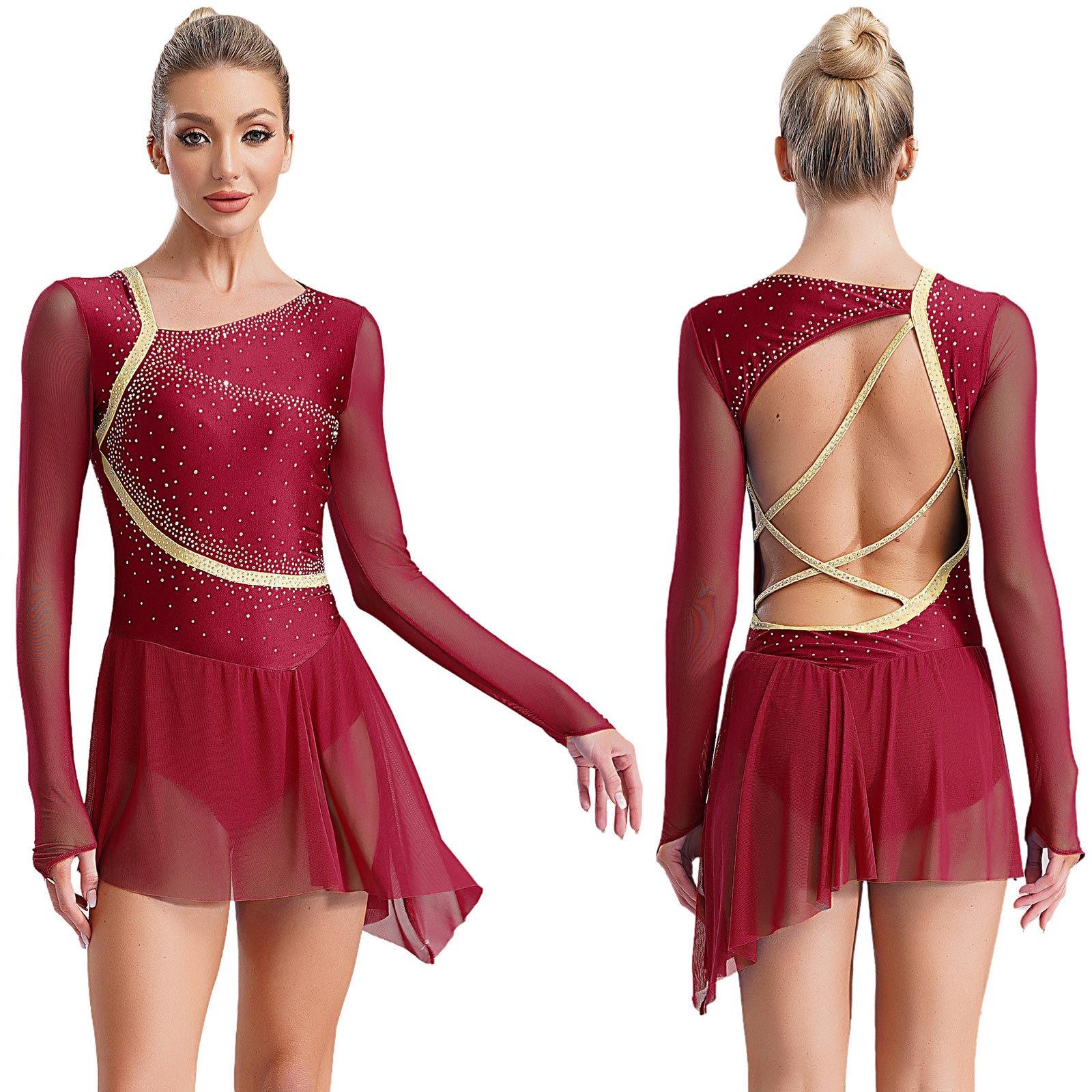 HULIJA Lyrische danskostuum met strass, asymmetrische tule rok, leotard, kunstschaatsjurk, dames, jazzdanskleding S