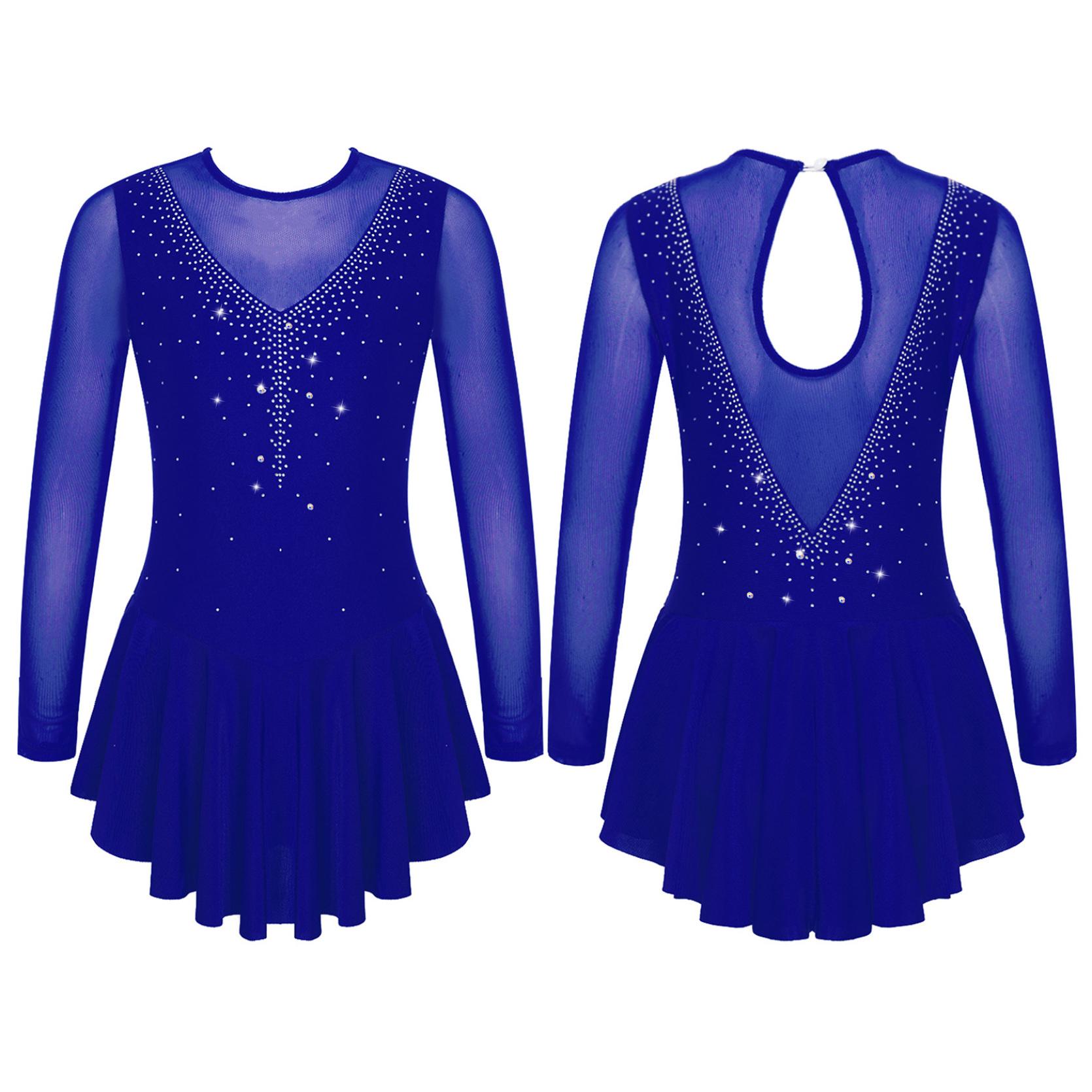 IEFiEL Kinderen Meisjes Lange Mouw Glanzende Strass Mesh Splice Kunstschaatsen Ballet Dans Gymnastiek Turnpakje Jurk Competitie Danskleding 7-8 Years