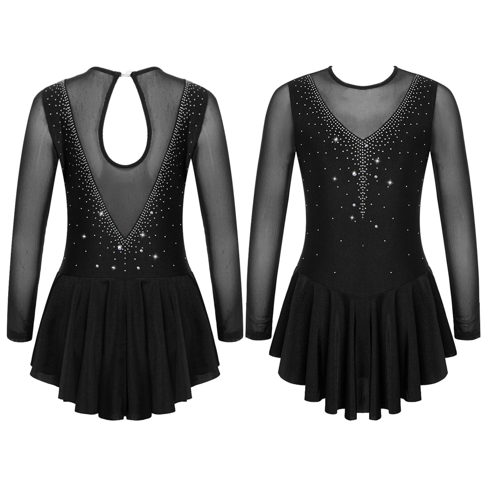IEFiEL Kinderen Meisjes Lange Mouw Glanzende Strass Mesh Splice Kunstschaatsen Ballet Dans Gymnastiek Turnpakje Jurk Competitie Danskleding 9-10 Years