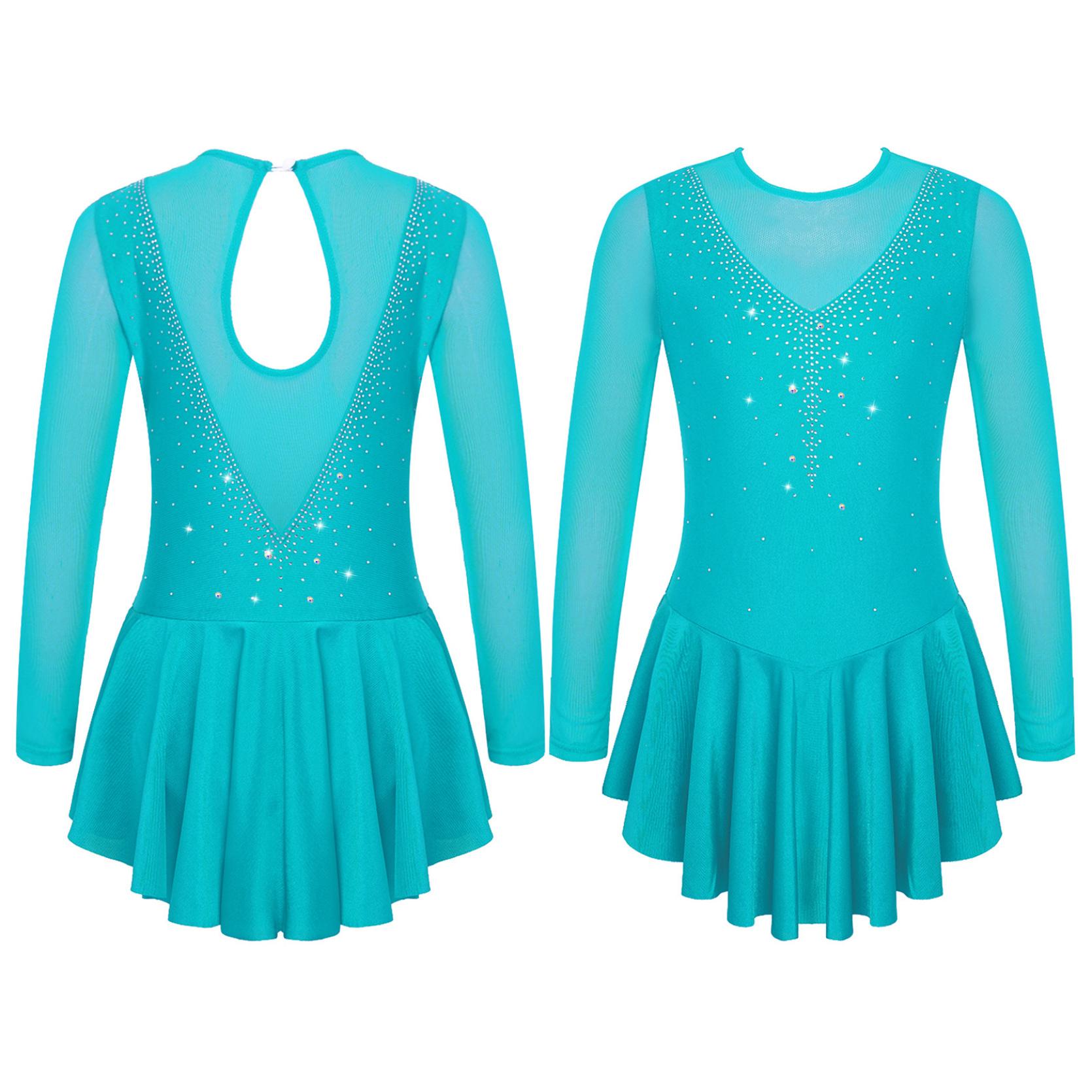 IEFiEL Kinderen Meisjes Lange Mouw Glanzende Strass Mesh Splice Kunstschaatsen Ballet Dans Gymnastiek Turnpakje Jurk Competitie Danskleding 13-14 Years meer groene kleur