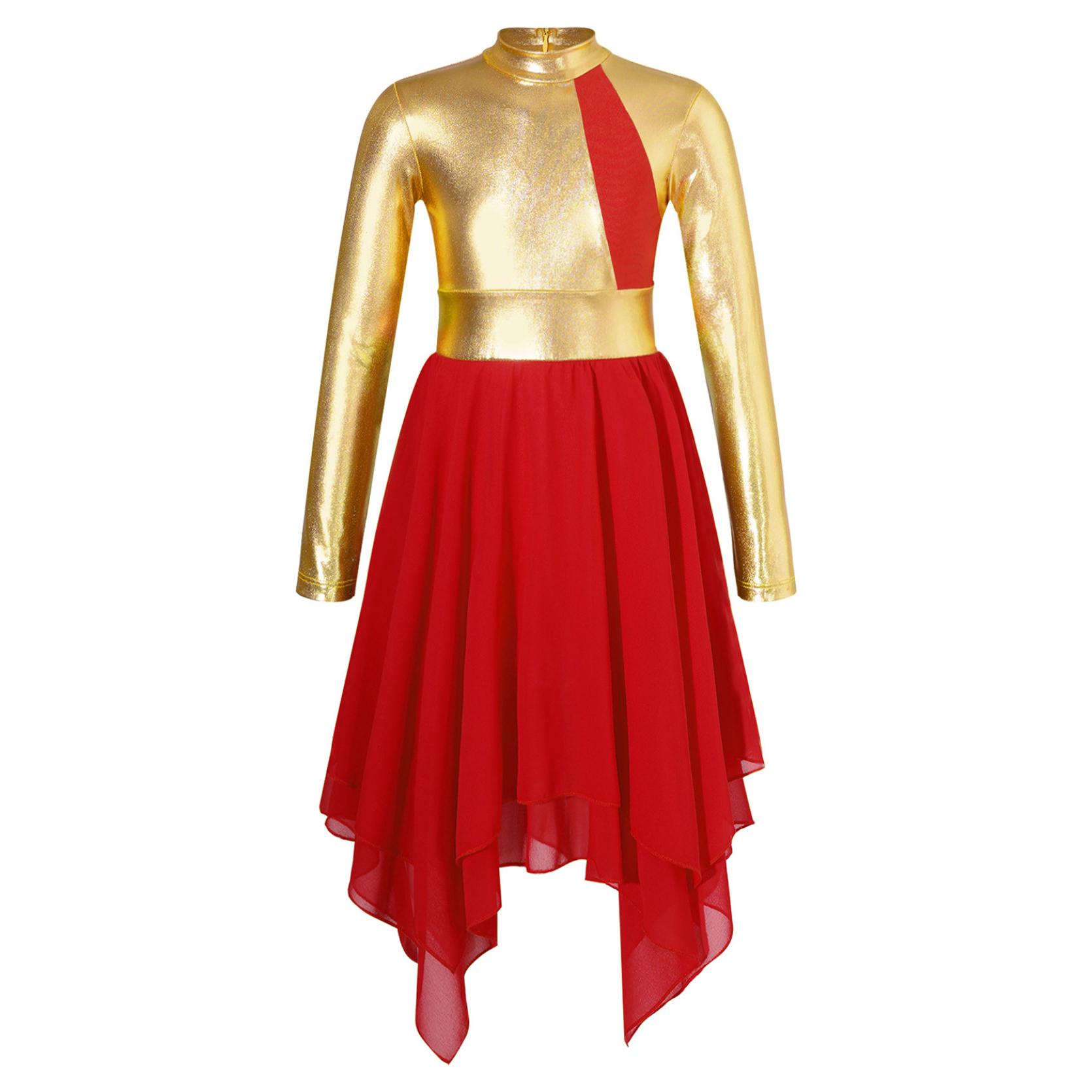 IEFiEL Kinderen Meisjes Lange Mouw Bronzing Doek Asymmetrische Lyrische Dans Jurk Ballerina Ballet Danskleding Prestaties Kostuums 5-6 Years rood