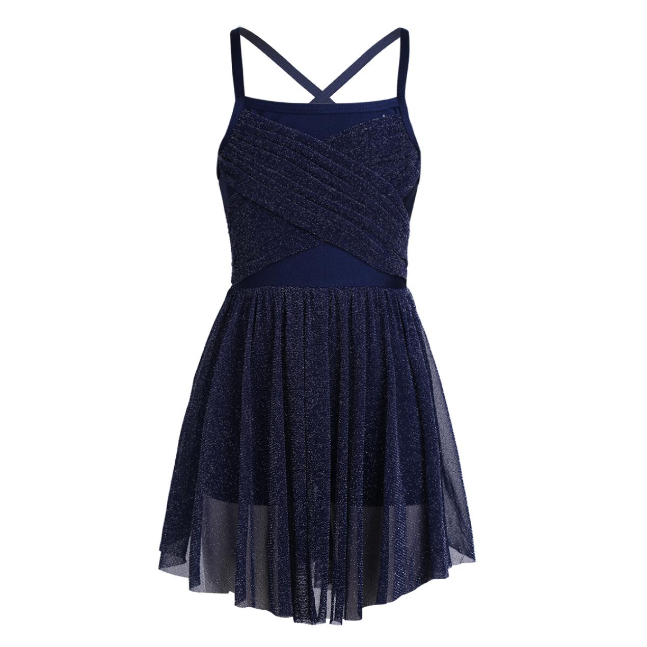IEFiEL Meisjes Spaghetti Chiffon Ballet Dans Jurk Mouwloos Giltter Mesh Gymnastiek Turnpakje Overlay Lyrische Ballerina Kostuum 5-6 Years marineblauwe kleur