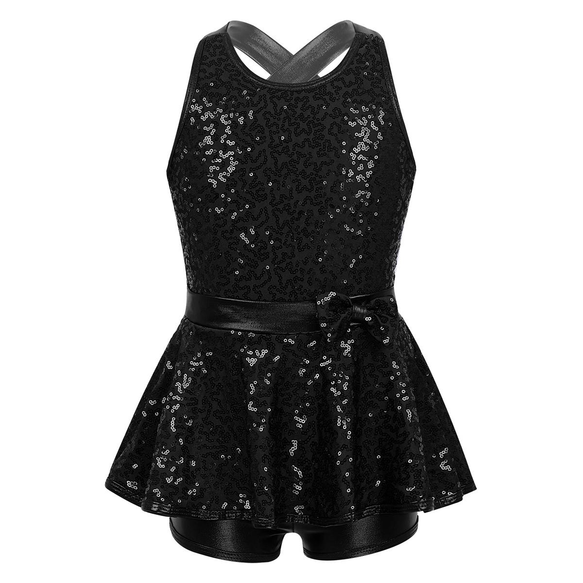 IEFiEL 2 Glinsterende pailletten Ballet Gymnastiek Bodysuit Meisjes Mouwloos Jurk Leotard Modern Jazz Performance Danskostuum 8-10 Years zwart