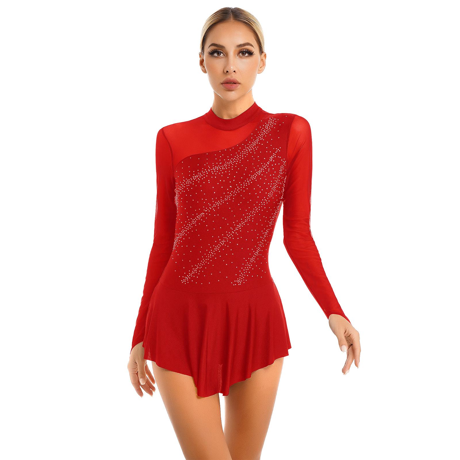 Ranrann Dames kunstschaatsen dansjurken strass pure mesh patchwork turnpakje met lange mouwen S rood
