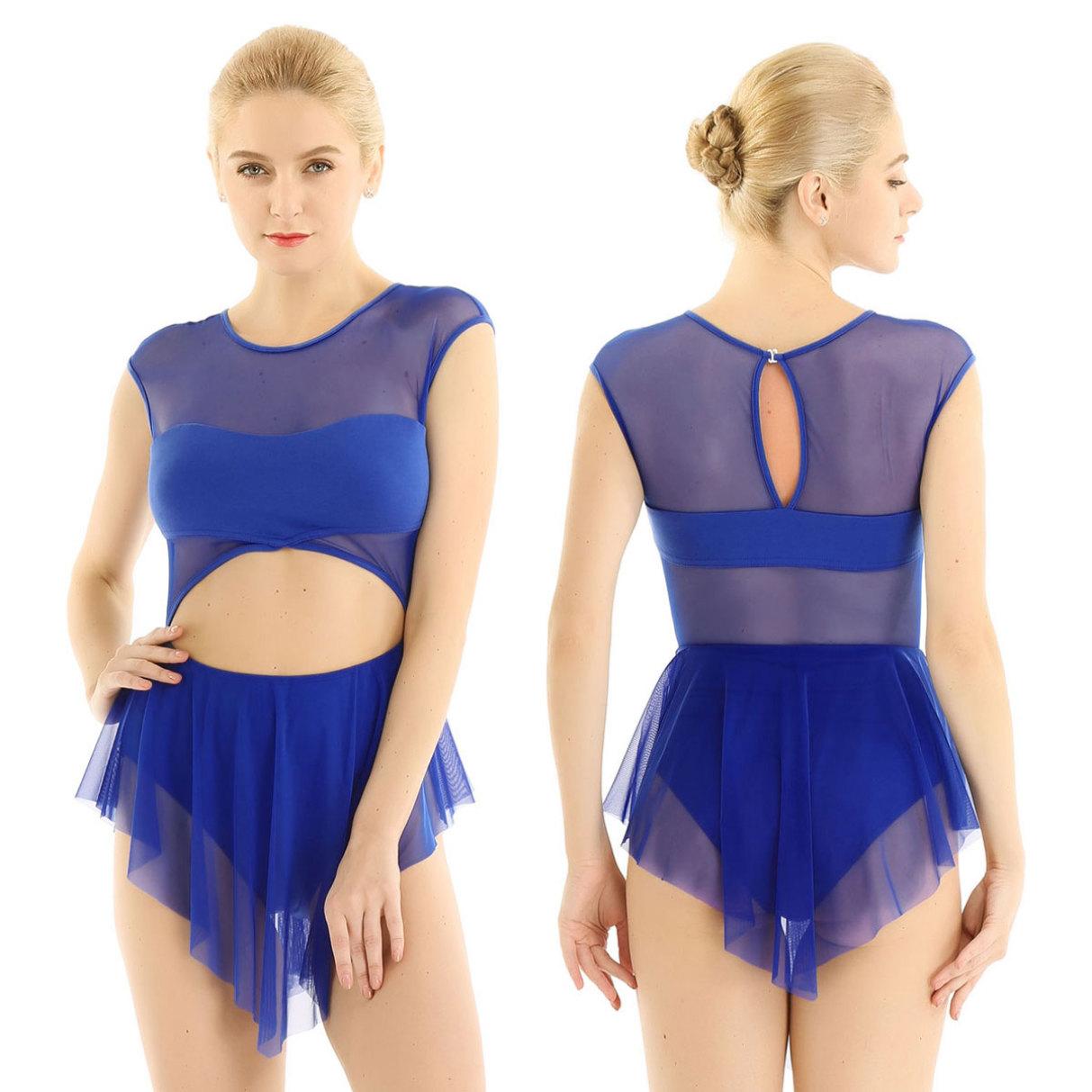 YONGHS Dames balletjurk mouwloos ronde hals uitgesneden voorkant asymmetrische mesh gymnastiek lyrische danskostuum Medium