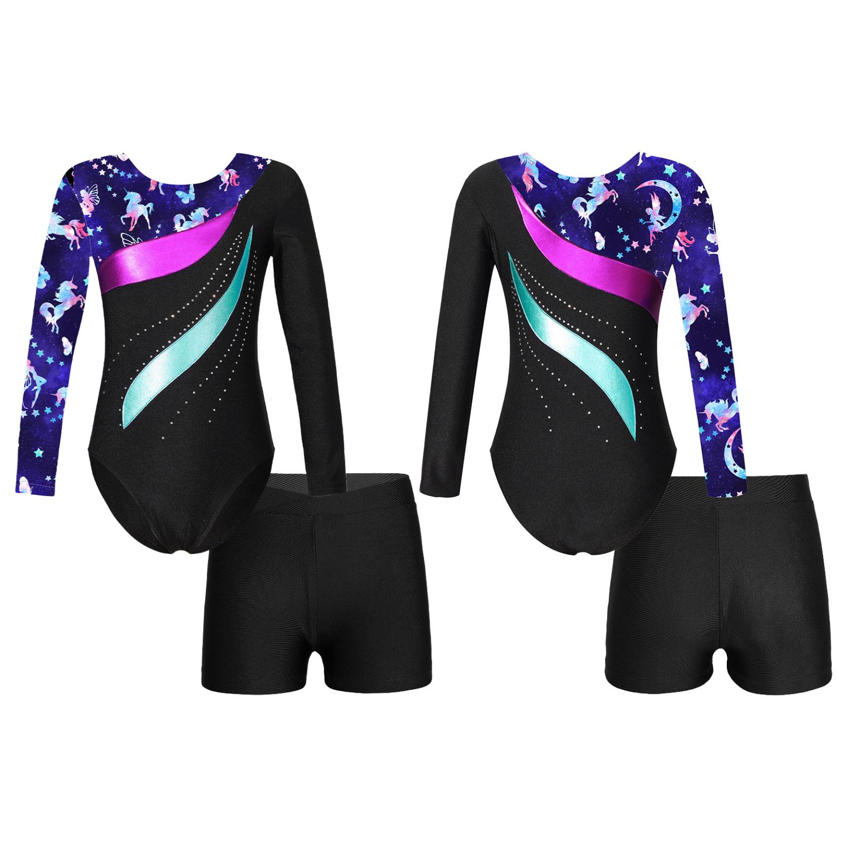 IEFiEL Kinderen meisjes lange mouw ronde hals glanzende strass decor turnpakje met shorts voor dans gymnastiektraining 7-8 Years