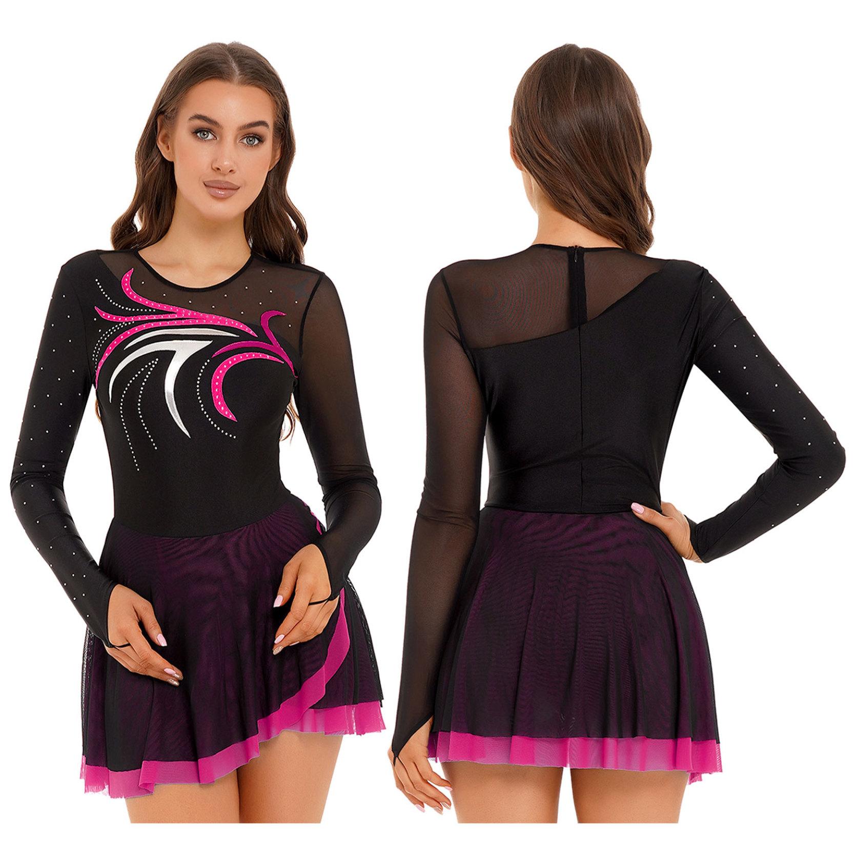 IEFiEL Womens kunstschaatsjurk lyrische dansvoorstelling kostuum lange mouw glitter strass mesh ballet gymnastiek tutu jurk XXL warm roze kleur