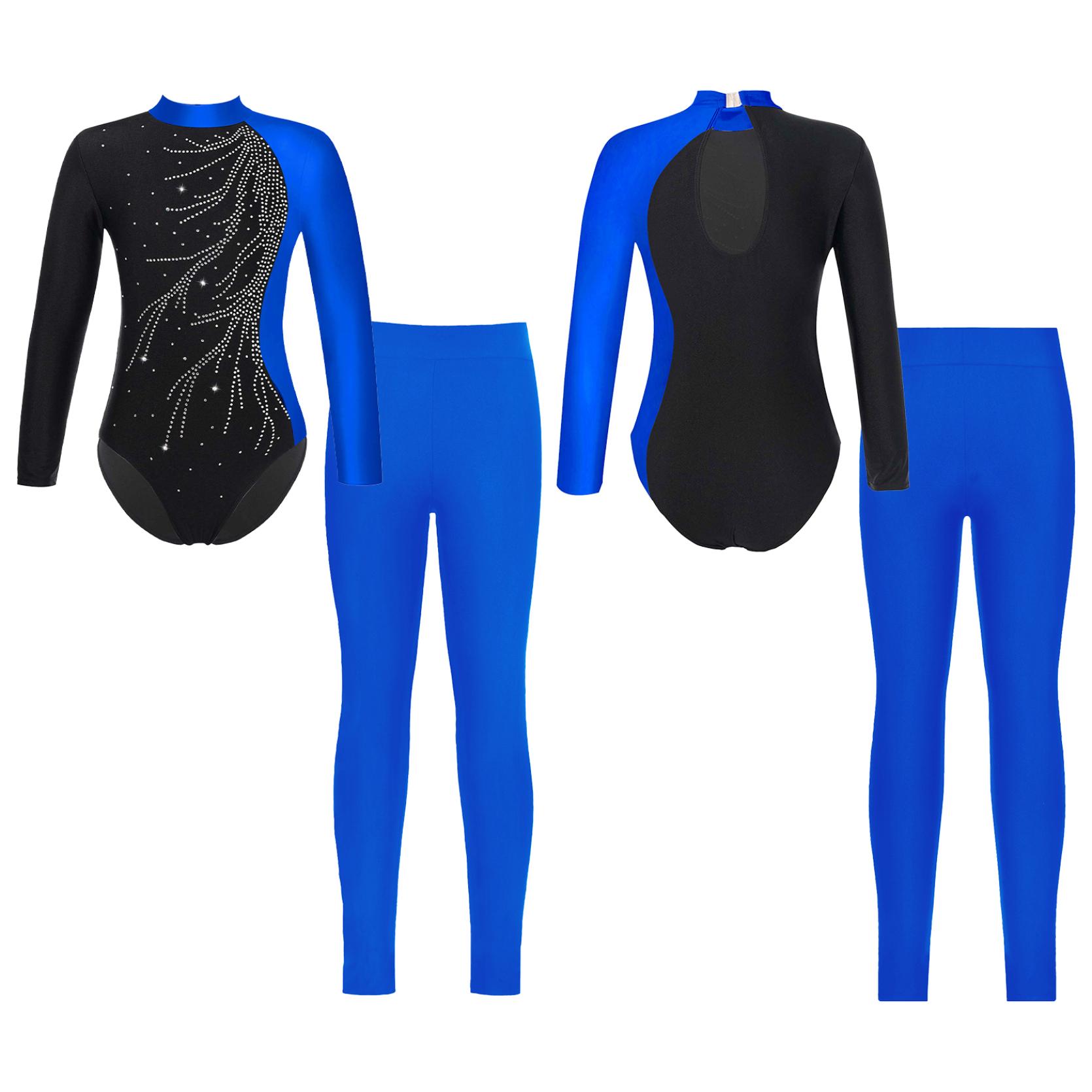 IEFiEL Kinderen Meisjes Gymnastiek Schaatsen Dansoutfits Lange mouw Mock Hals Turnpakje en leggings 15-16 Years blauw