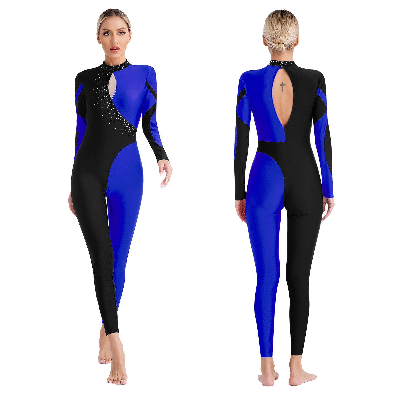 Yunduantong-electronic Vrouwen Full Body Gymnastiek Leotard Jumpsuit Lange Mouw Contrasterende Kleur Strass Ballet Schaatsen Romper Prestatie Danskleding L