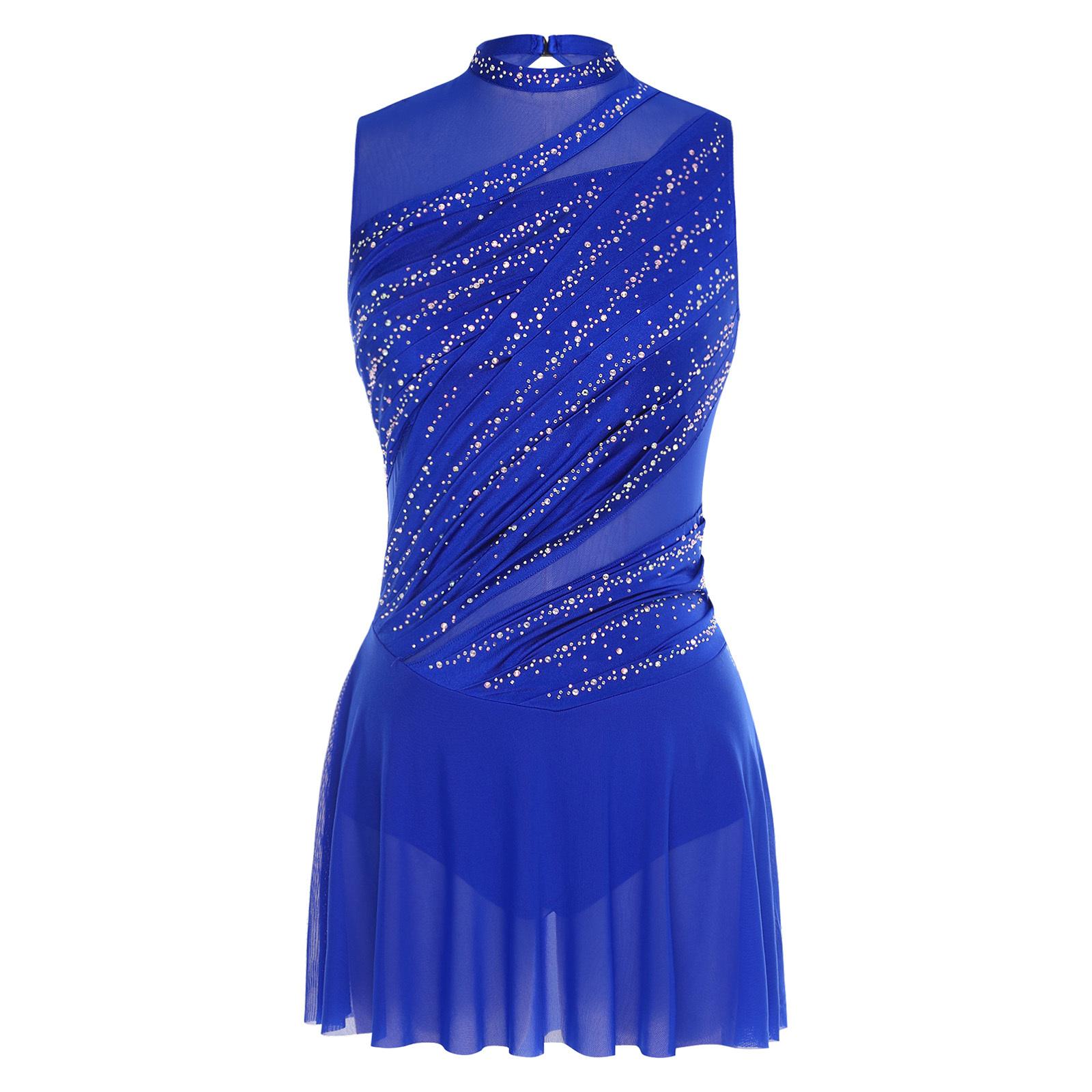 Yunduantong-electronic Women Lyrical Dance Dress Round Collar Sleeveless Ruched Design Rhinestone Embellished Backless Performance Gown S koningsblauwe kleur