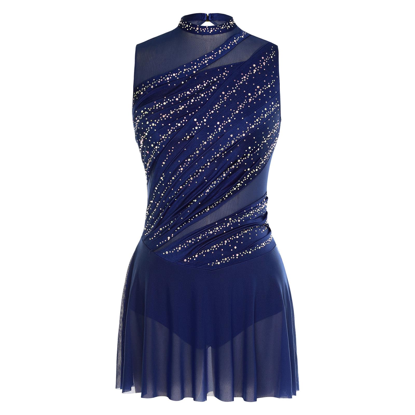 Yunduantong-electronic Women Lyrical Dance Dress Round Collar Sleeveless Ruched Design Rhinestone Embellished Backless Performance Gown M
