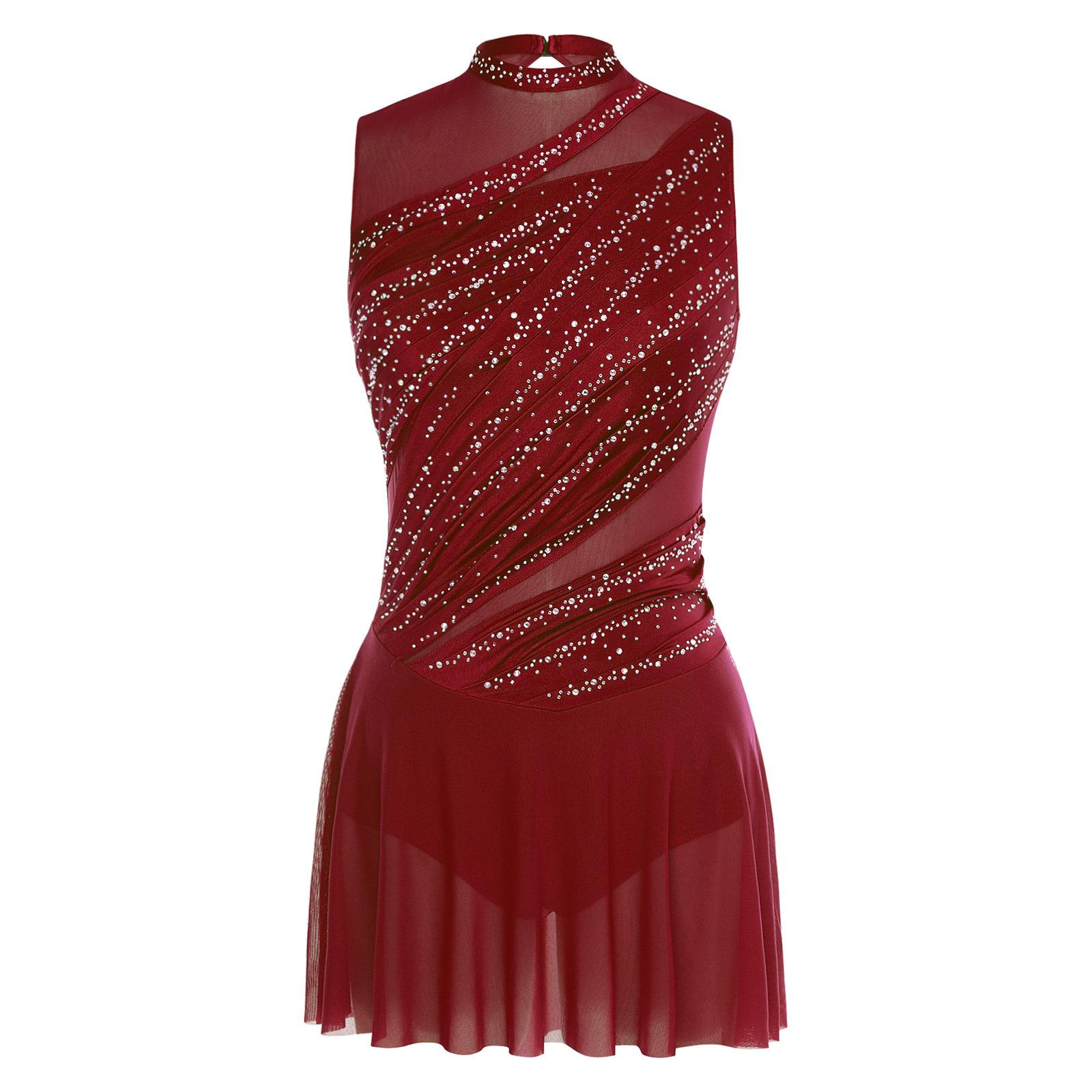 Yunduantong-electronic Women Lyrical Dance Dress Round Collar Sleeveless Ruched Design Rhinestone Embellished Backless Performance Gown XXL