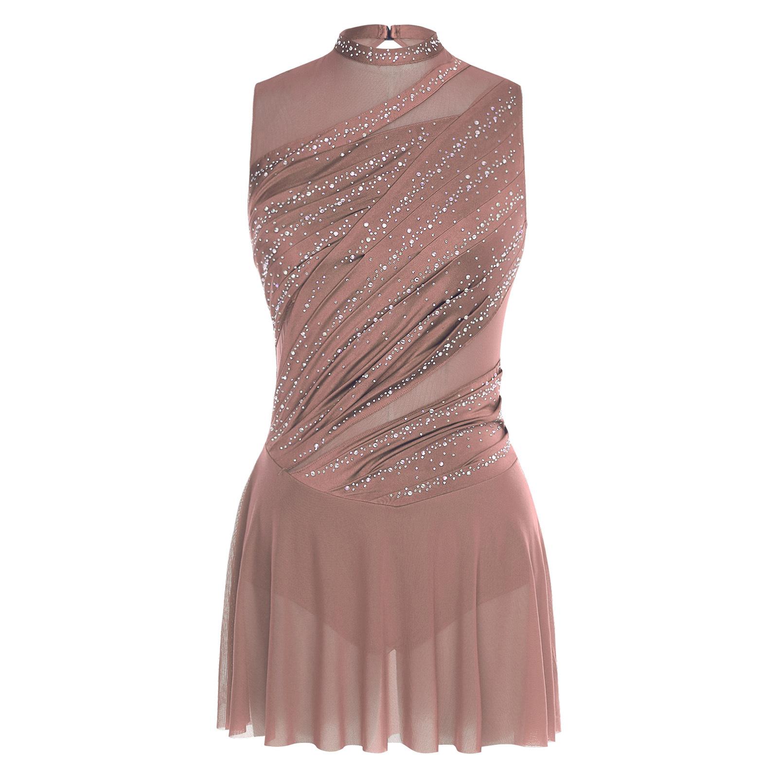 Yunduantong-electronic Women Lyrical Dance Dress Round Collar Sleeveless Ruched Design Rhinestone Embellished Backless Performance Gown M koffie