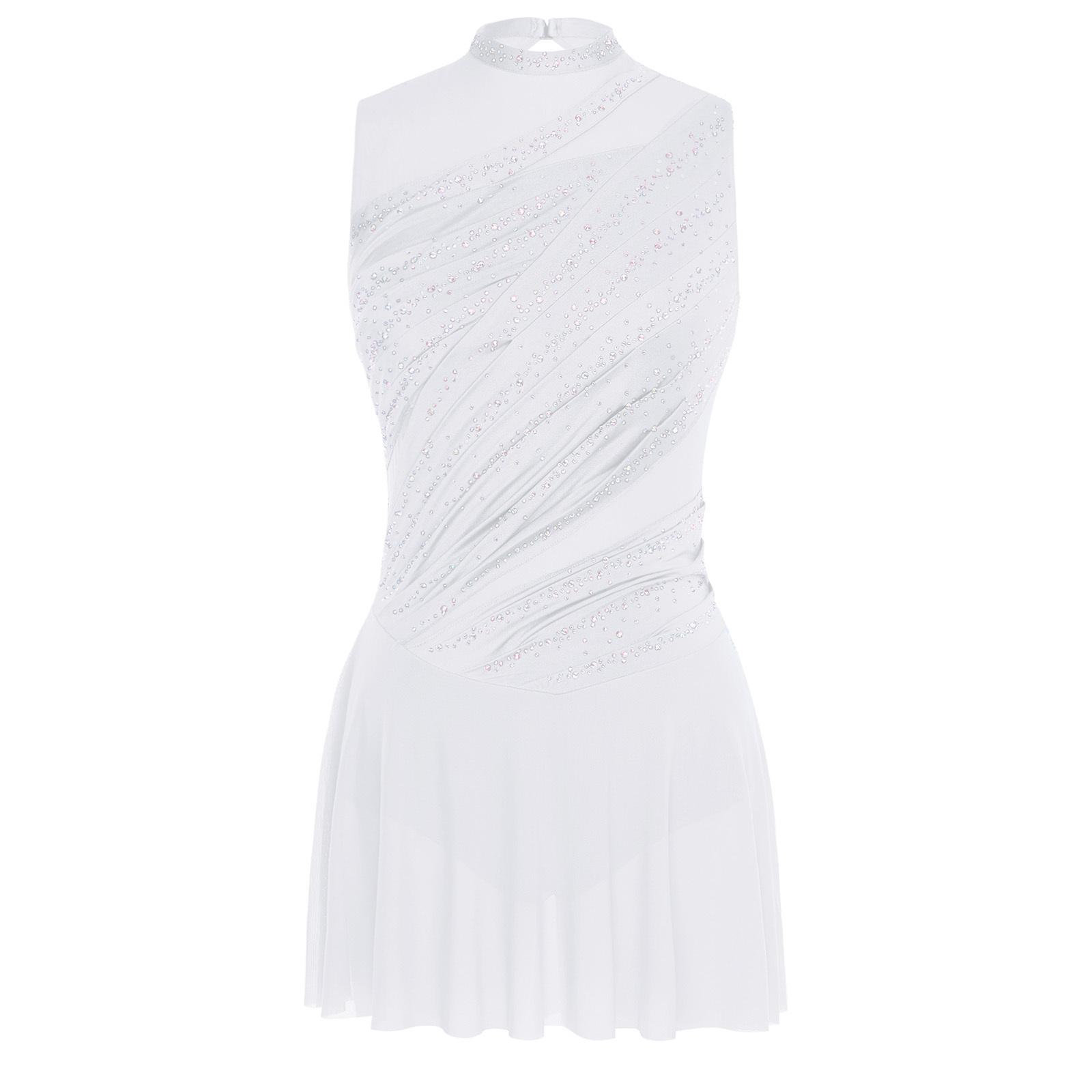 Yunduantong-electronic Women Lyrical Dance Dress Round Collar Sleeveless Ruched Design Rhinestone Embellished Backless Performance Gown S