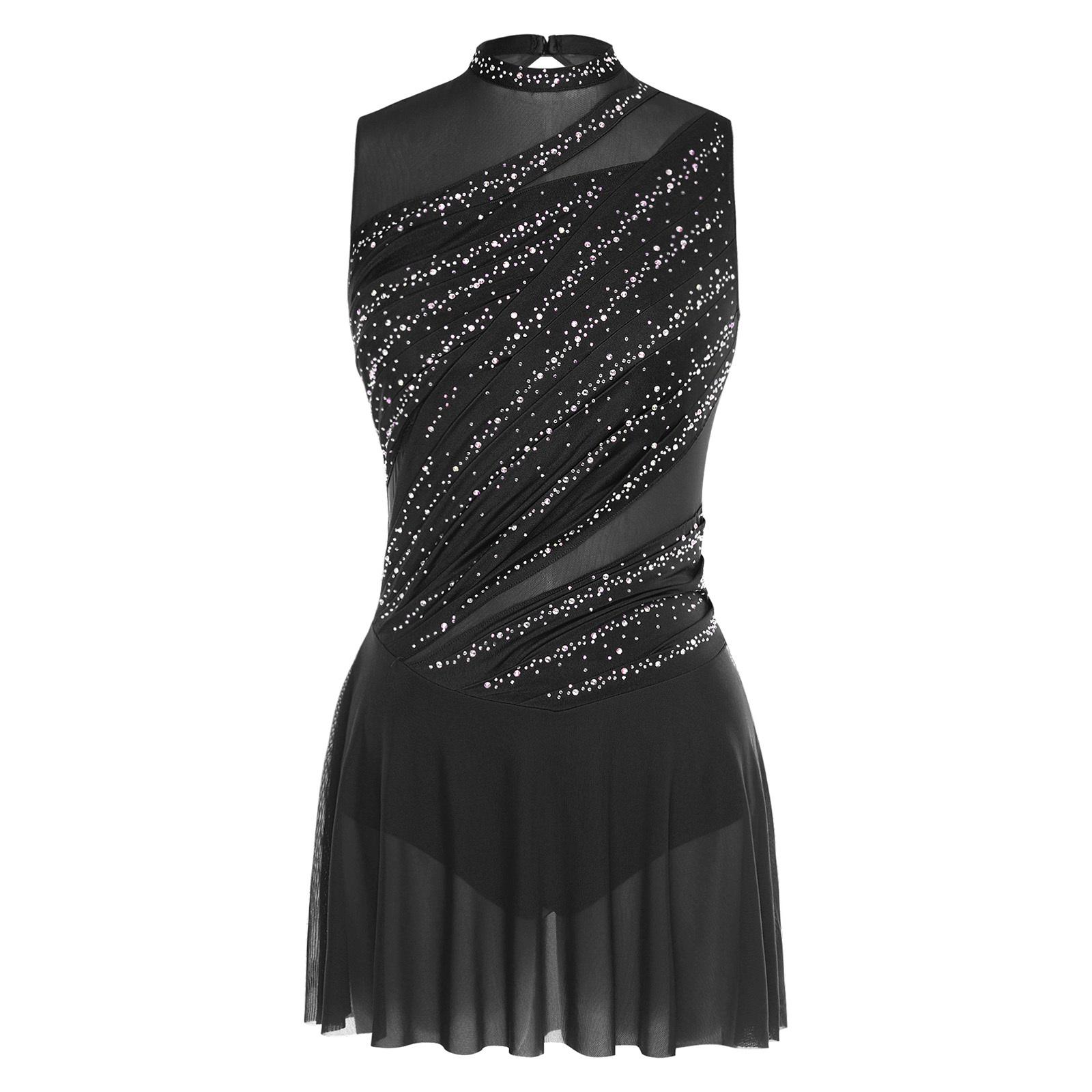 Yunduantong-electronic Women Lyrical Dance Dress Round Collar Sleeveless Ruched Design Rhinestone Embellished Backless Performance Gown L zwart