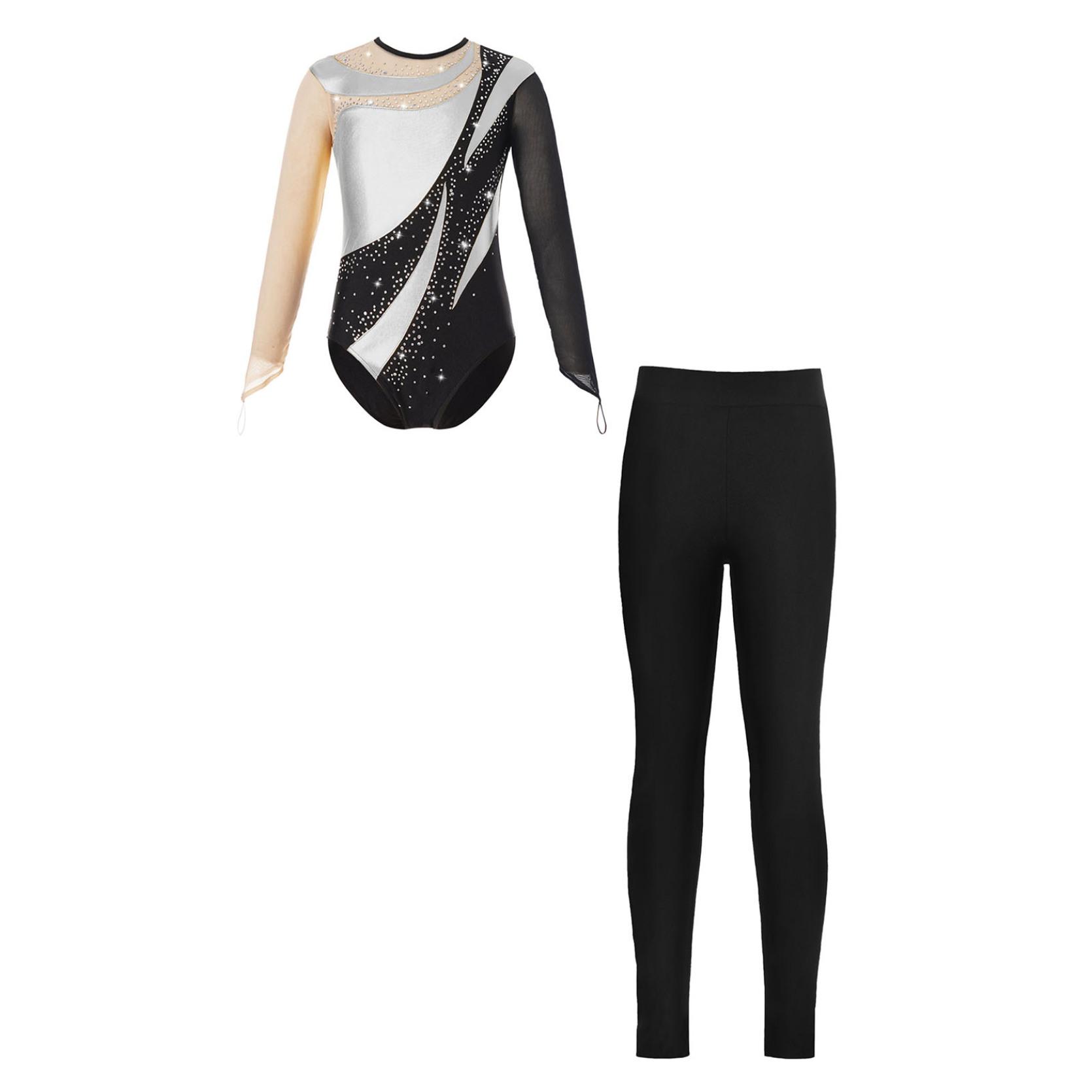 IEFiEL Kindermeisjes turnpakje met lange mouwen, ronde hals, strasssteentjes en legging voor schaatsgymnastiekprestaties 15-16 Years zilver