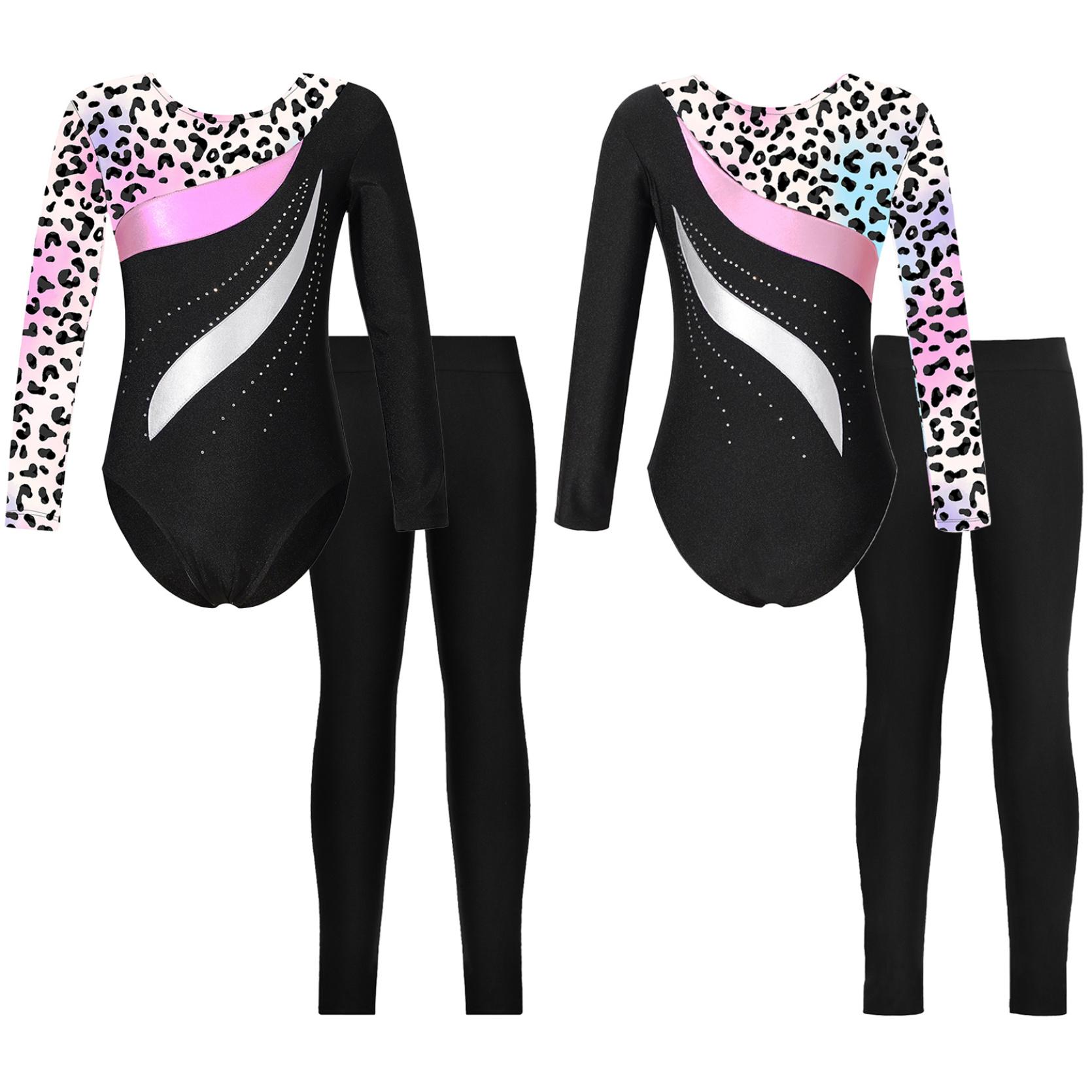 IEFiEL 2 Glanzend turnpakje voor kinderen, meisjes, lange mouwen, met atletische leggings, dansgymnastiek, prestatiekostuum 11-12 Years luipaard